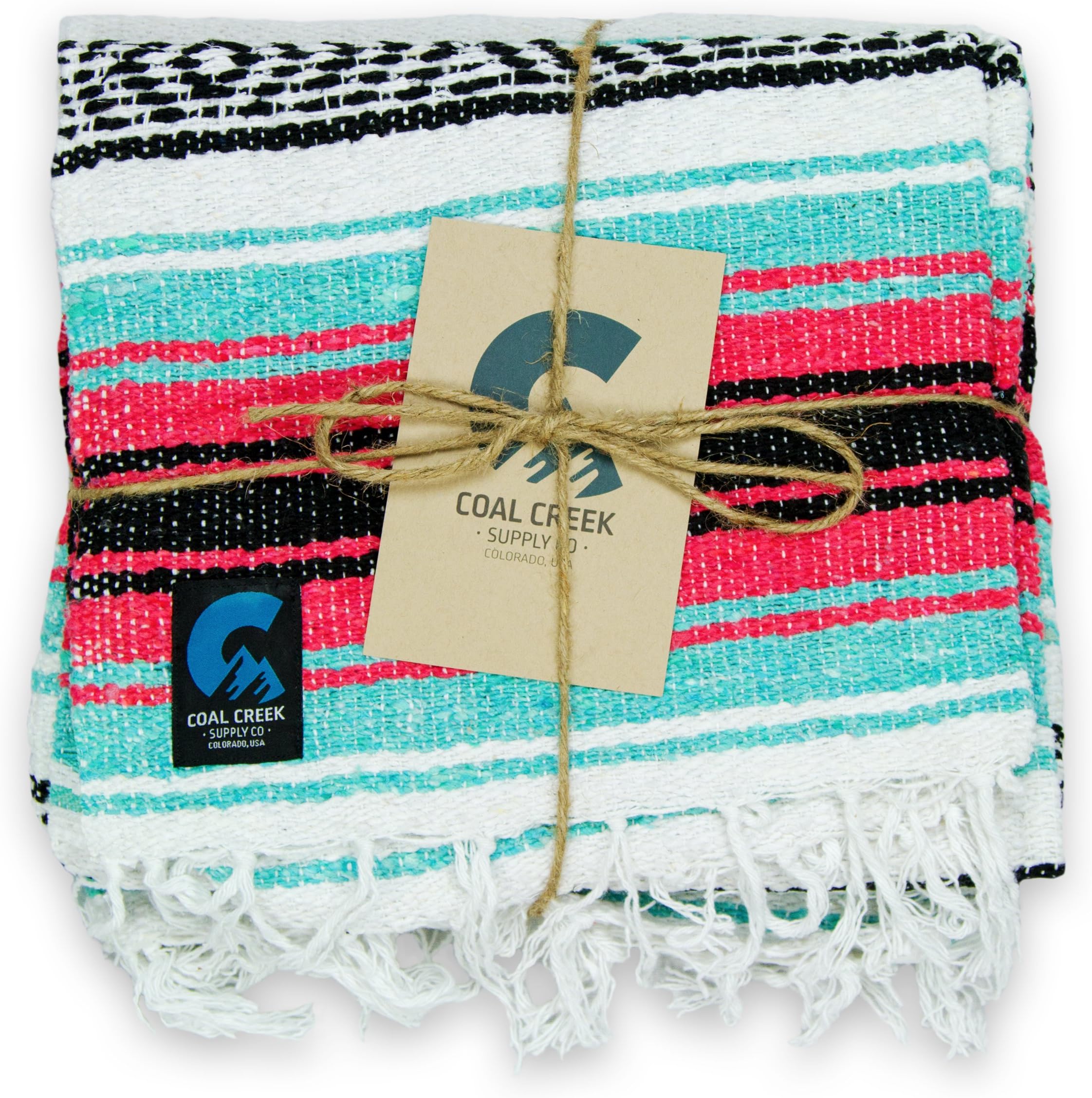 Coal Creek Supply Classic Mexican Blanket, Authentic Thick Falsa Soft Woven Travel Adventure Yoga Throw Blanket (Salmon and Mint)