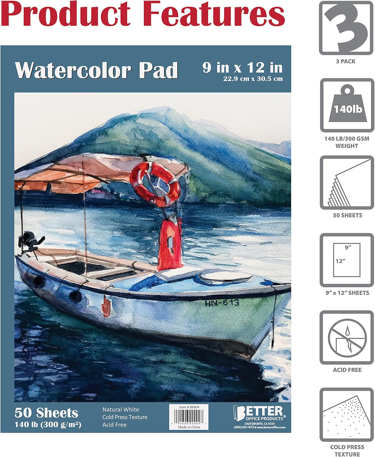 Better Office Products 9" x 12" Watercolor Pad, 3 Pack (150 Extra Heavyweight Sheets), 140 lb/300gsm, Gaouche Book with Fold-Over Cover, Gum Bound Easy Tear, Acid Free, Cold Press, Natural White
