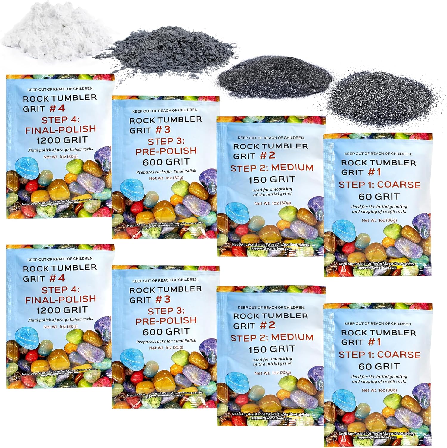 Rock Tumbler Grit Refill Kit – Complete 4-Step Polishing Media Starter Pack, Silicon Carbide & Aluminum Oxide, 8 Bags Abrasive Grit for 2 lbs of Rocks, Compatible with All Tumblers