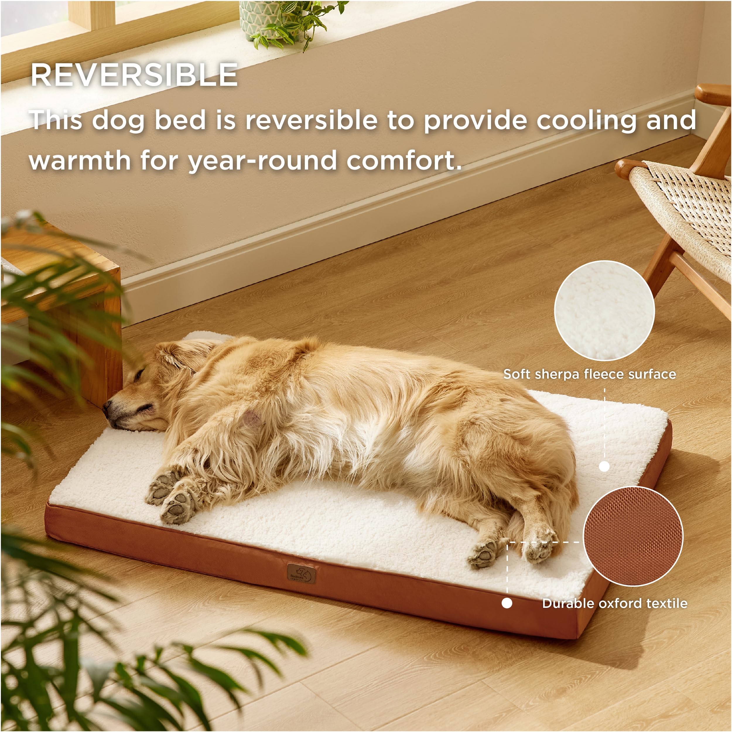 Bedsure Letto ortopedico per cani grandi, 112 x 81 x 7,6 cm, cuscino soffice, tappeto lavabile, materasso per cani grandi, marrone argilla