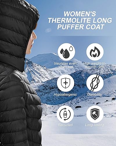 Vista 4 de Outdoor Ventures Maryan - Abrigo largo, acolchado, Thermolite, cálido, ultraligero, con capucha para mujer