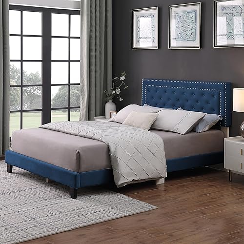Morden Fort Base de cama tamaño Queen alta ajustable, cama tapizada de terciopelo moderna con cabecero, listones de madera, no necesita somier,