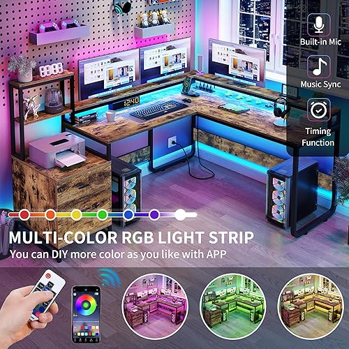 Miniatura 4 de DWVO Escritorio en forma de L con cajones y gabinete, escritorio reversible para computadora con tomas de corriente y luces LED, escritorio de