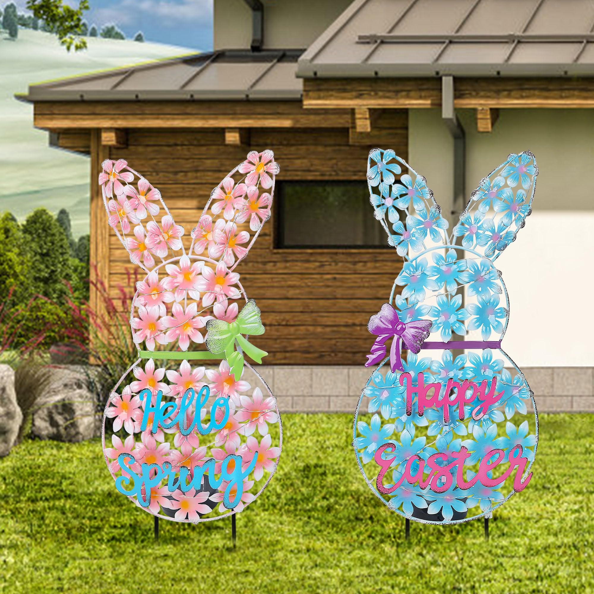 Joliyoou 2 Packs Easter Yard Sign, 23.4" H Solar LED Lighted Metal Flower Bunny Stakes, Adorable Blue & Pink Happy Easter Hello Spring Stakes for Garden Lawn Holiday Outdoor Decorations