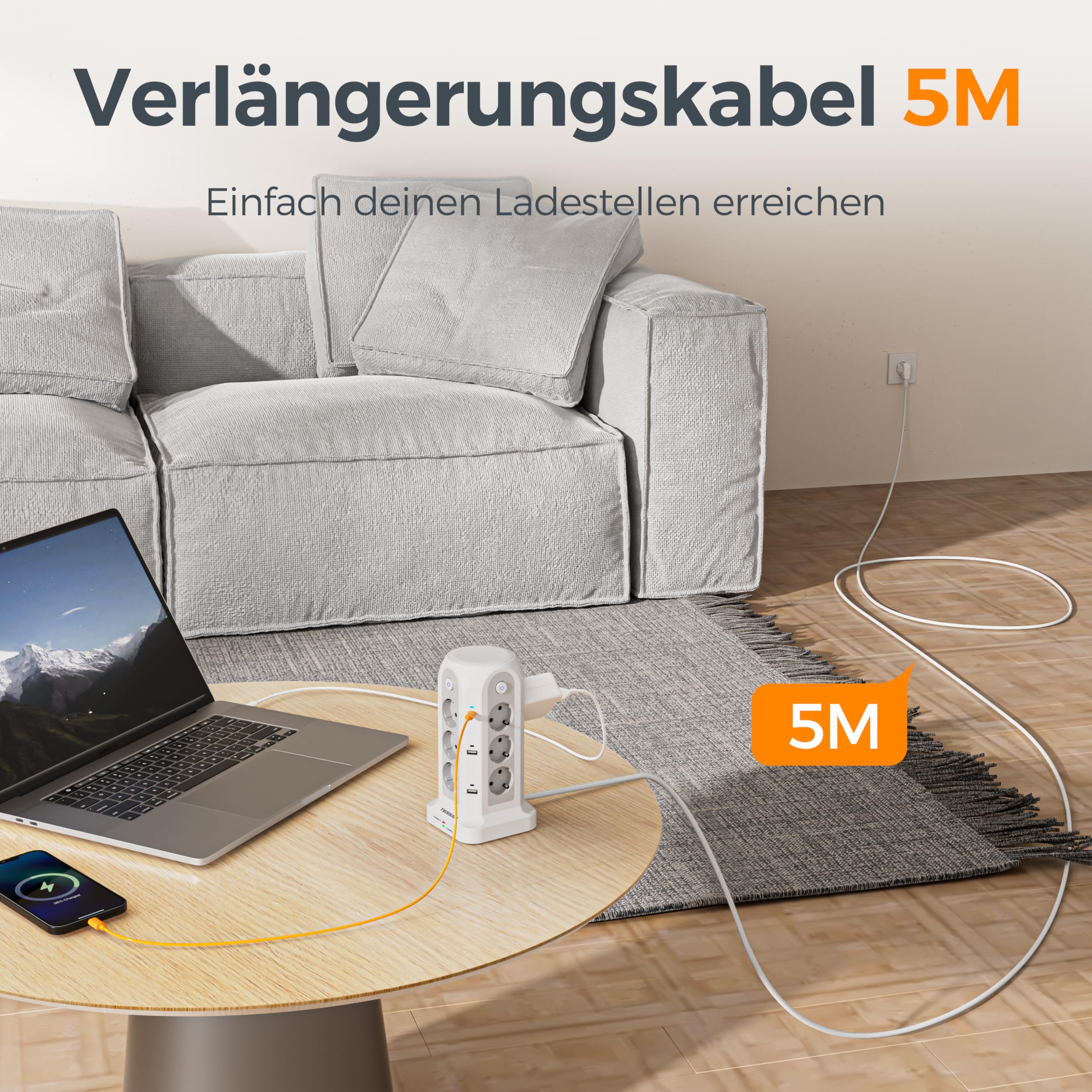 TESSAN Mehrfachsteckdose mit USB, Verlängerungskabel 5M, Weiß | 12 Fach Steckdosenleiste mit 4 Einzelnen Schalter, 2 USB C und 4 USB A, Verteilersteckdose 3680W, Steckdosenturm für Zuhause