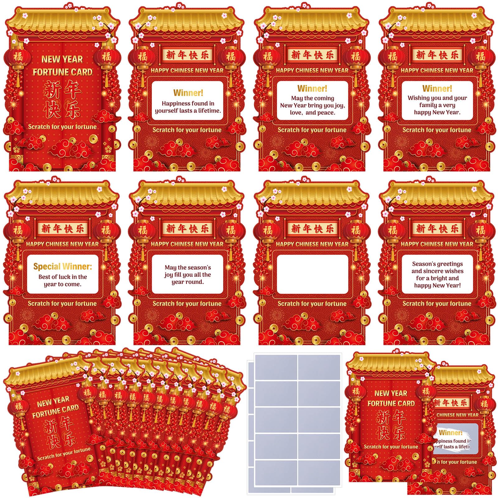 Clabby 40 Count Chinese New Year Scratch off Fortune Cards 2025 with 40 Scratch off Stickers Lunar New Year Gifts Chinese Craft Fortune Card for Snake 2025 Spring Festival Party Decorations Favors