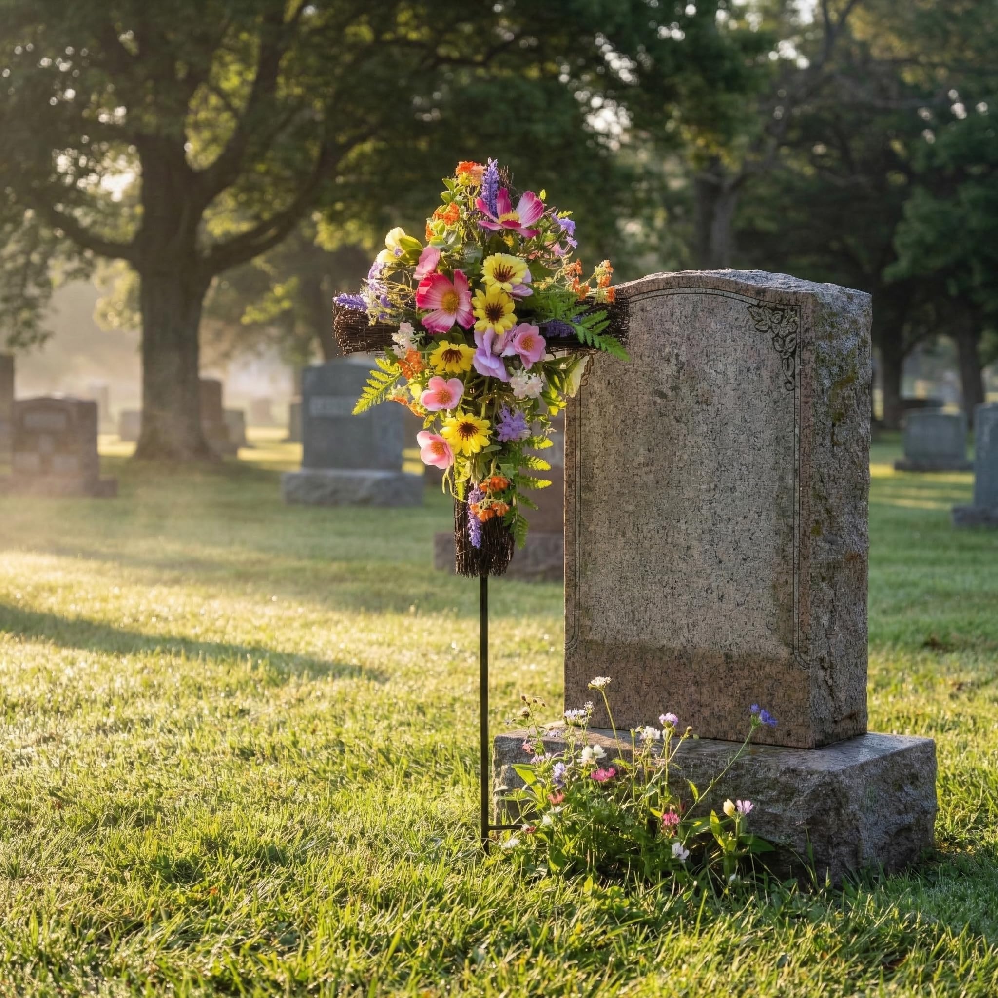 Svndlyn Décoration de cimetière solaire en forme de croix pour tombe, fleurs commémoratives artificielles éclairées avec piquet, hommage floral résistant aux intempéries pour tombe, cadeau de