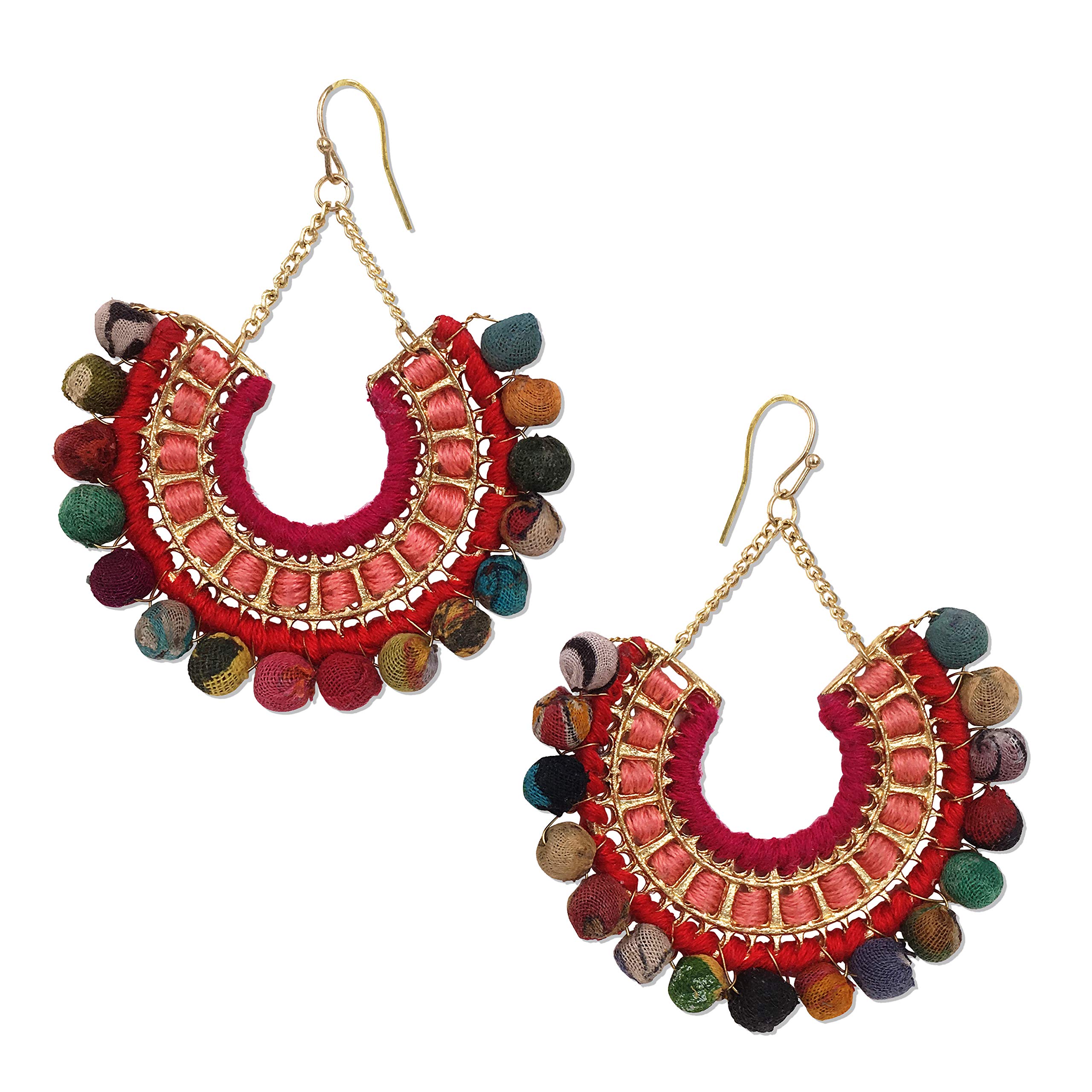 Handmade Earrings for Women Colorful Upcycled Fabric Beads Boho Statement Drop Dangle Style