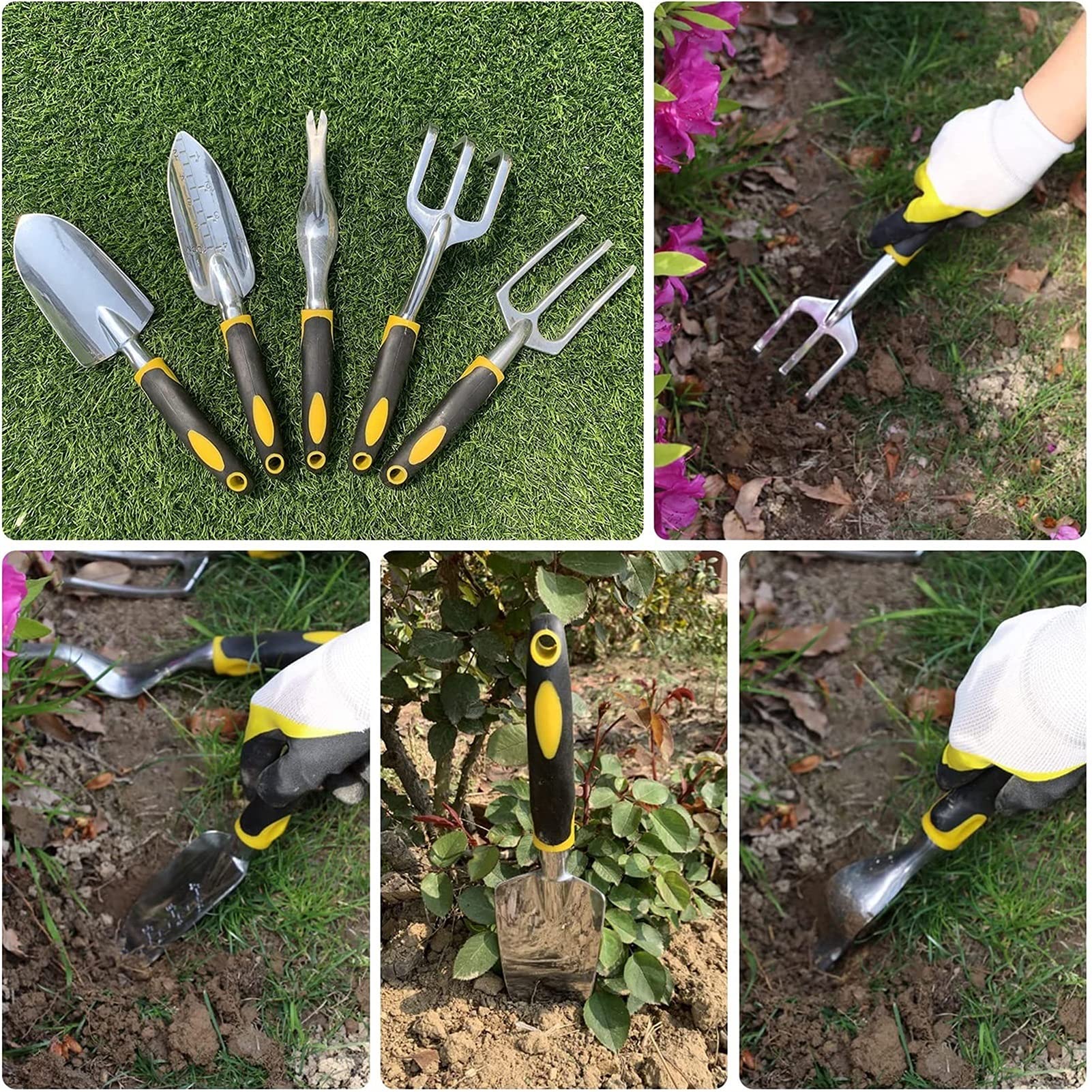 DINGFAN - Set di attrezzi da giardino, 5 pezzi, per donne e uomini, mini kit di attrezzi da giardino in alluminio, ideale come regalo per donne e uomini