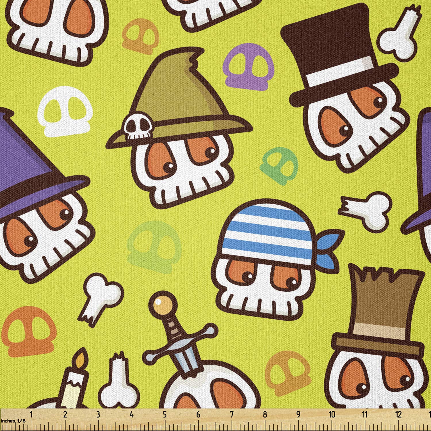 Lunarable Skull Fabric by The Yard, Head Part of The Skeleton with an Assortment of Hats Pirate Bandana Pilgrim Top Hat, Stretch Knit Fabric for Clothing Sewing and Arts Crafts, 1 Yard, Green