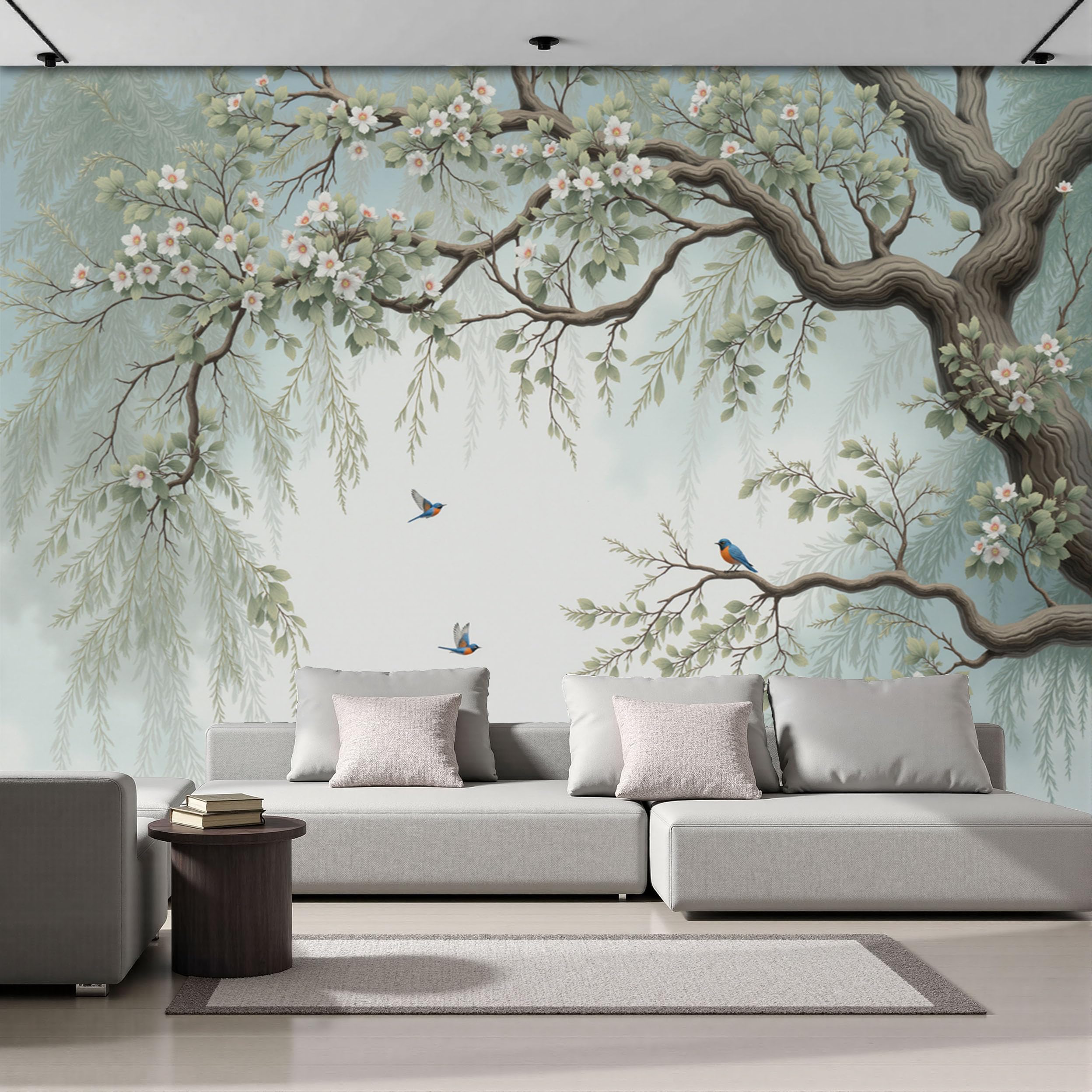 Papier peint arbres et oiseaux pour chambre d'enfant et salon style nature zen