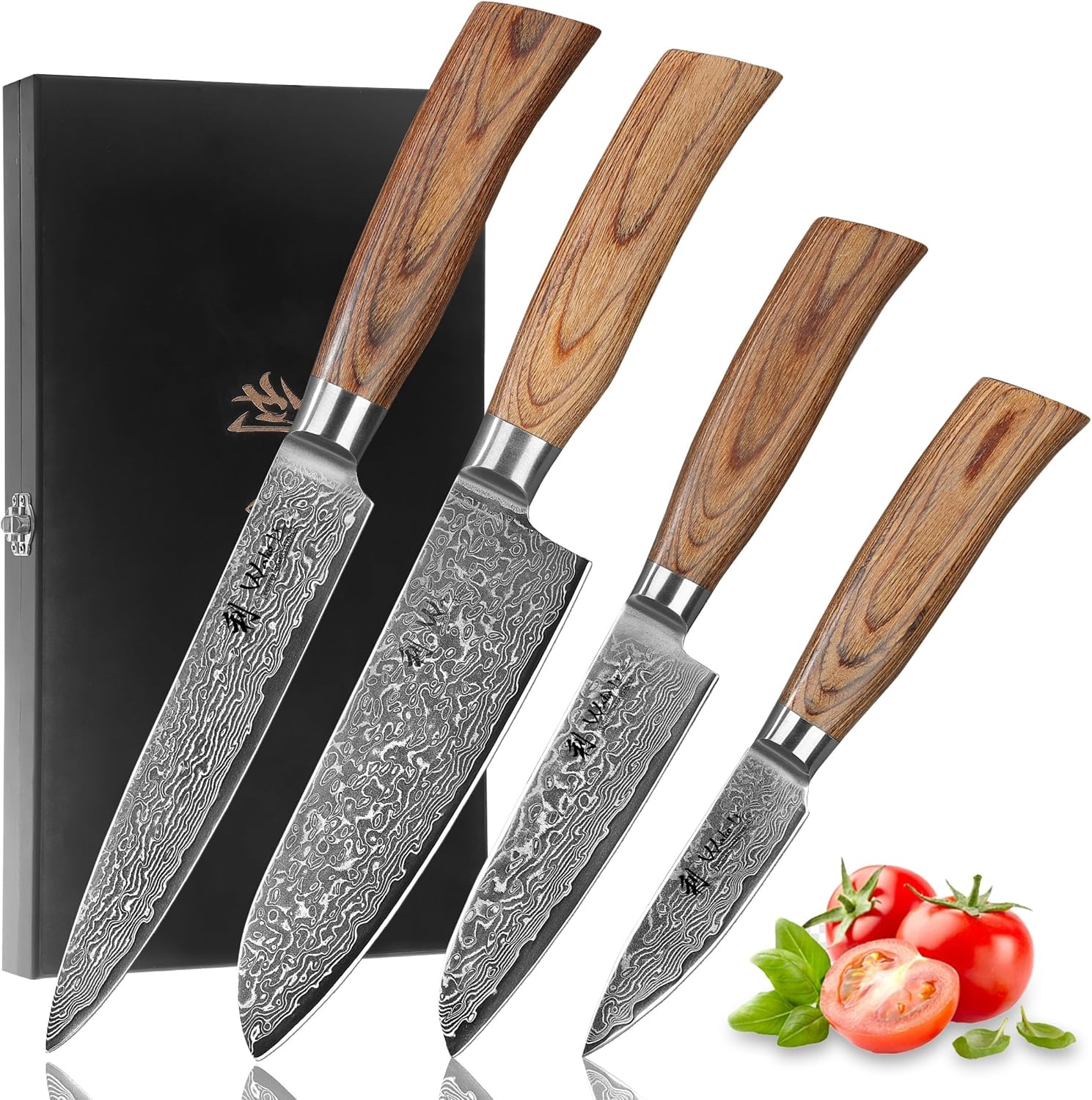 Wakoli EDIB Pro 4-teiliges Küchenmesser Set aus Damaststahl (VG10 Kern) in edler Geschenkbox – Scharfes Damastmesser Set mit Pakkaholzgriffen – Messerset mit 2x Santoku, Fleischmesser &amp; Officemesser