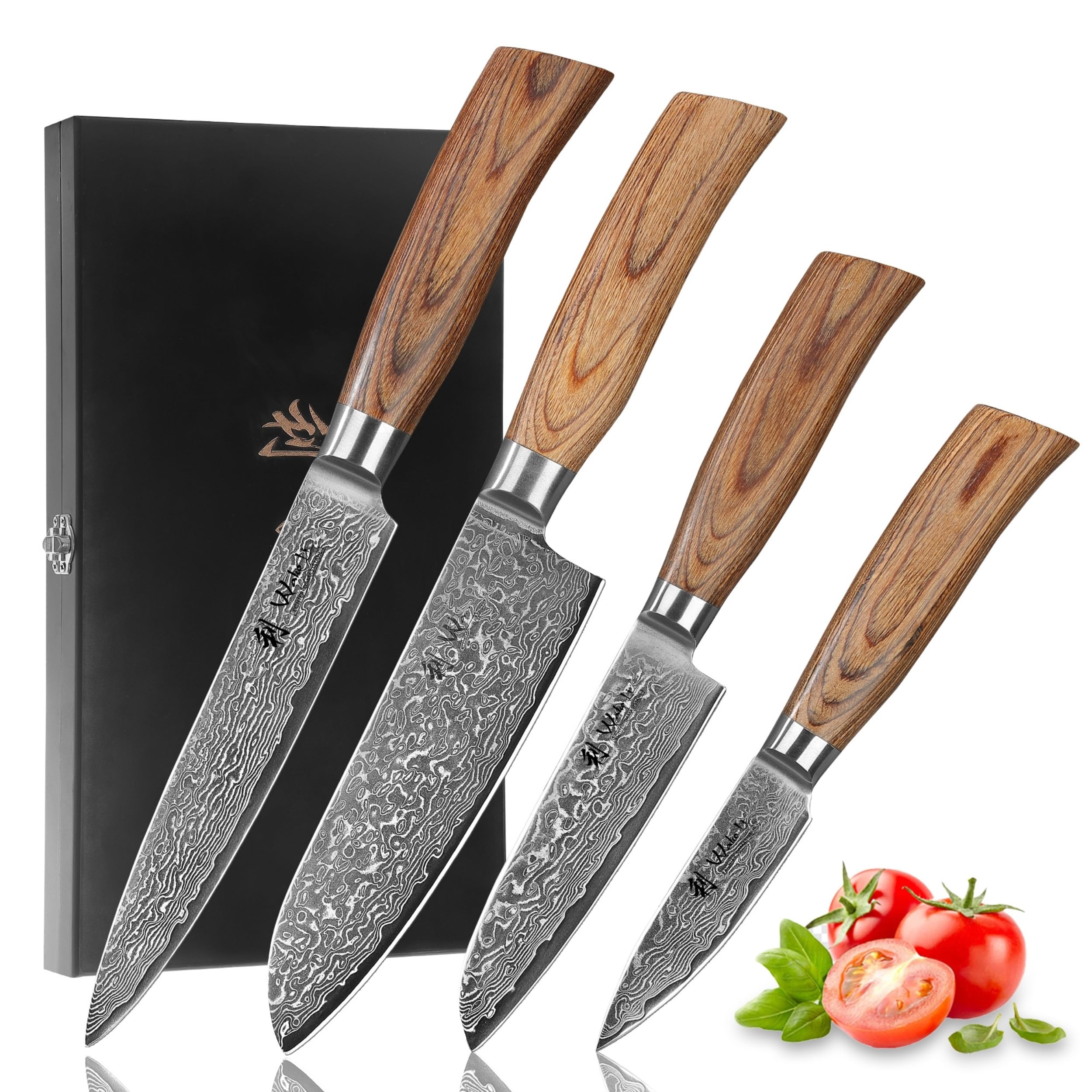 Wakoli EDIB Pro 4-teiliges Messerset aus 67 Lagen Damaststahl mit VG10 Kern | Fleischmesser, Santoku, kleines Santoku und Officemesser; Pakkaholzgriffe, Holzbox, 60 ± 2 HRC, für Fleisch, Fisch und Gemüse