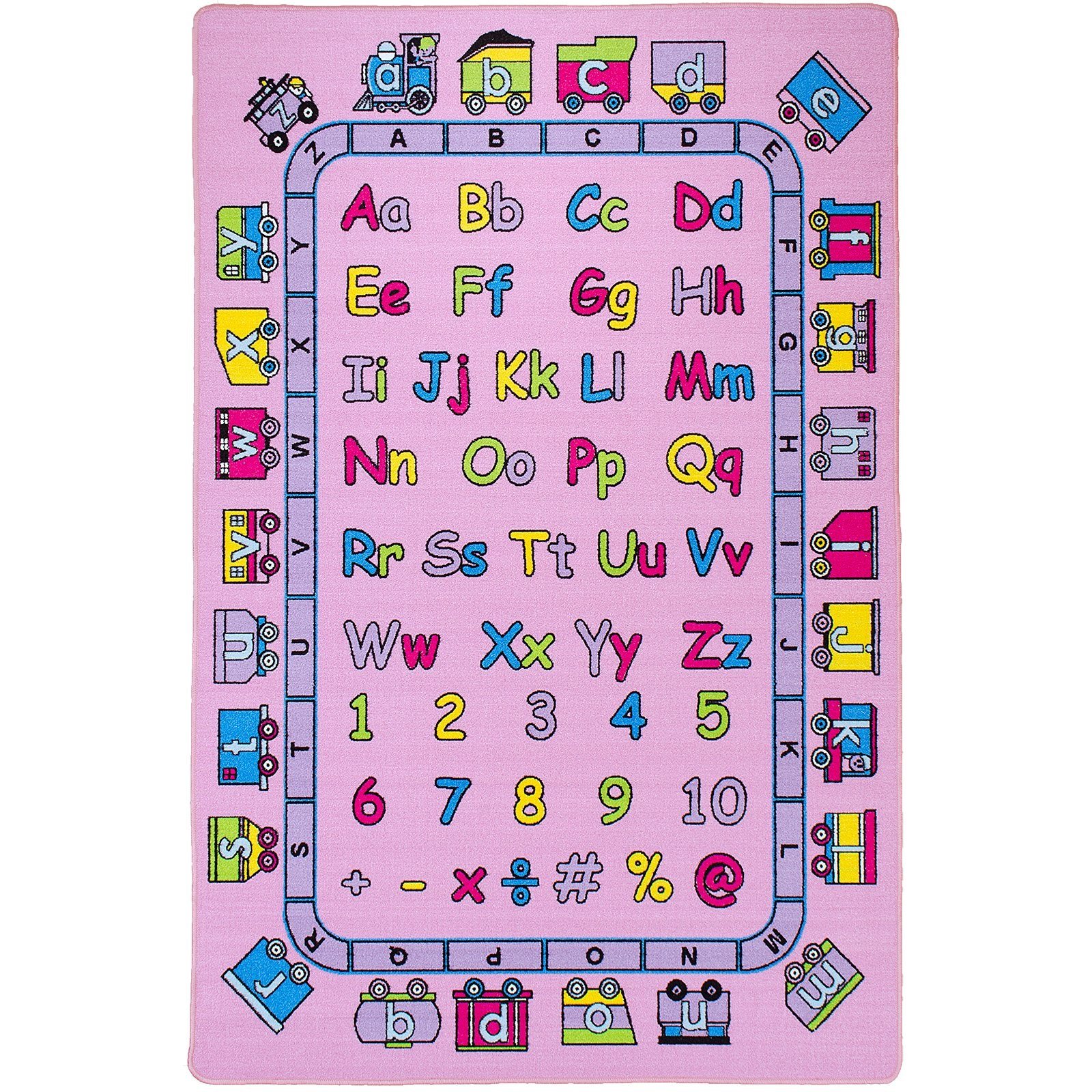 CR’s Kids/Baby Room/Daycare/Classroom/Playroom Girl’s Area Rug. Alphabet. Train. Letters. Numbers. Educational. Fun. Pink. Purple. Non-Slip Back. Bright Vibrant Colors (3 Feet X 5 Feet)