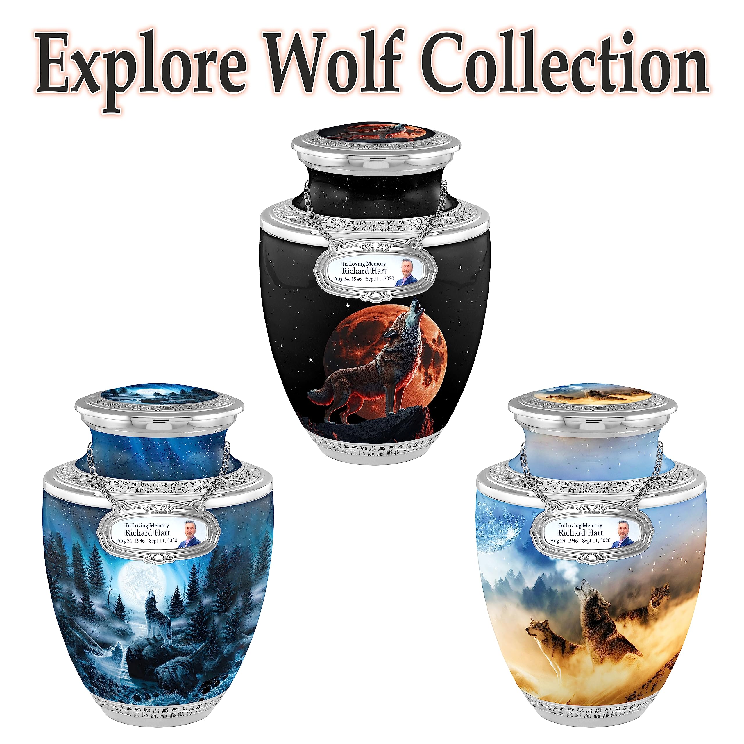 Personalized Medallion Wolf Wisdom Cremation Urns for Adult Ashes Male Female - 200lbs Burial Urns for Human Ashes - Handcrafted Funeral Decorative Urns for Ashes Adult Male with Velvet Bag