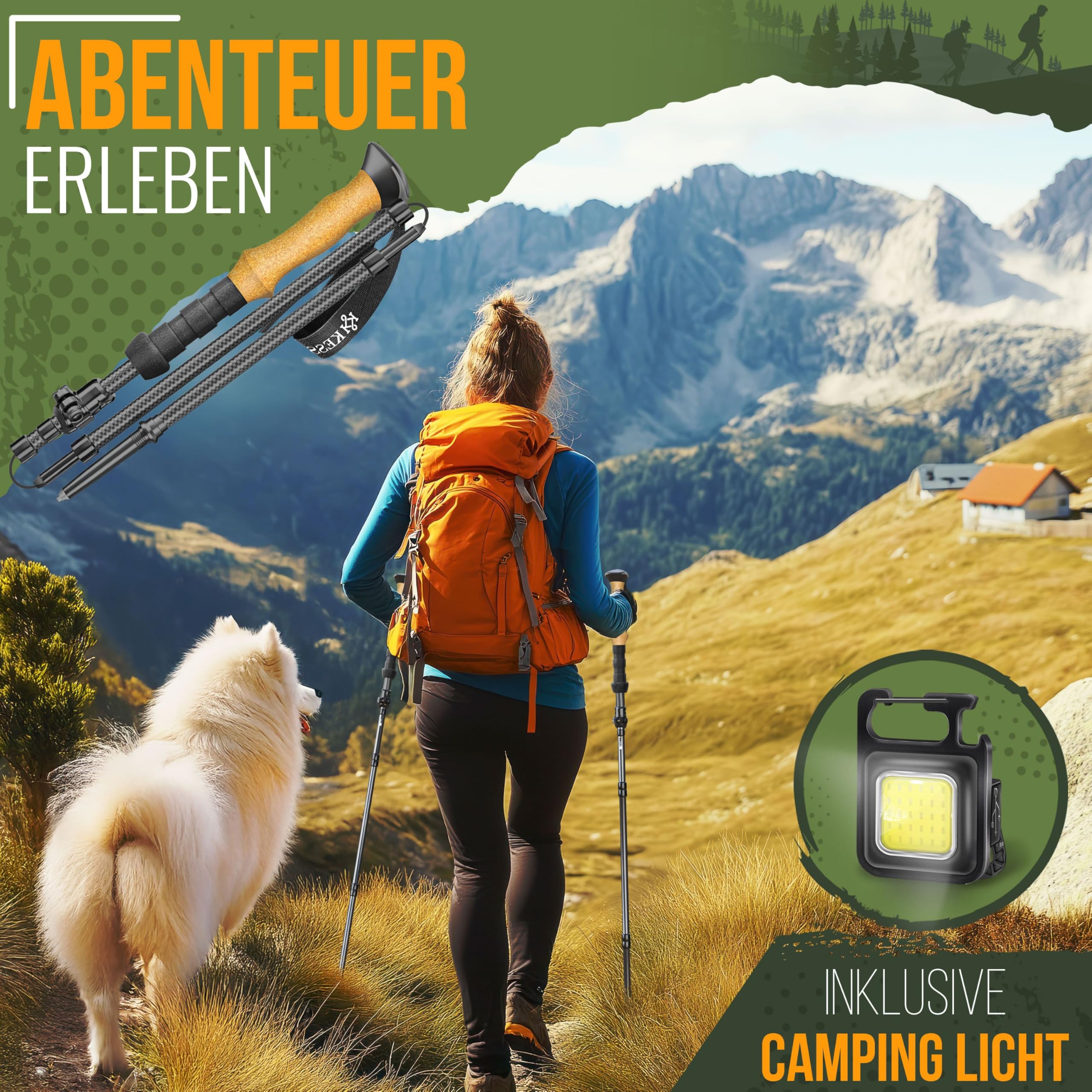 KESSER® Wanderstöcke Aluminium oder Carbon mit Korkgriff | Nordic Walking Stöcke für Damen & Herren faltbar oder Teleskop Trekkingstöcke zum Wandern, Trekking, Skitour & Bergsport inkl. Camping-Licht