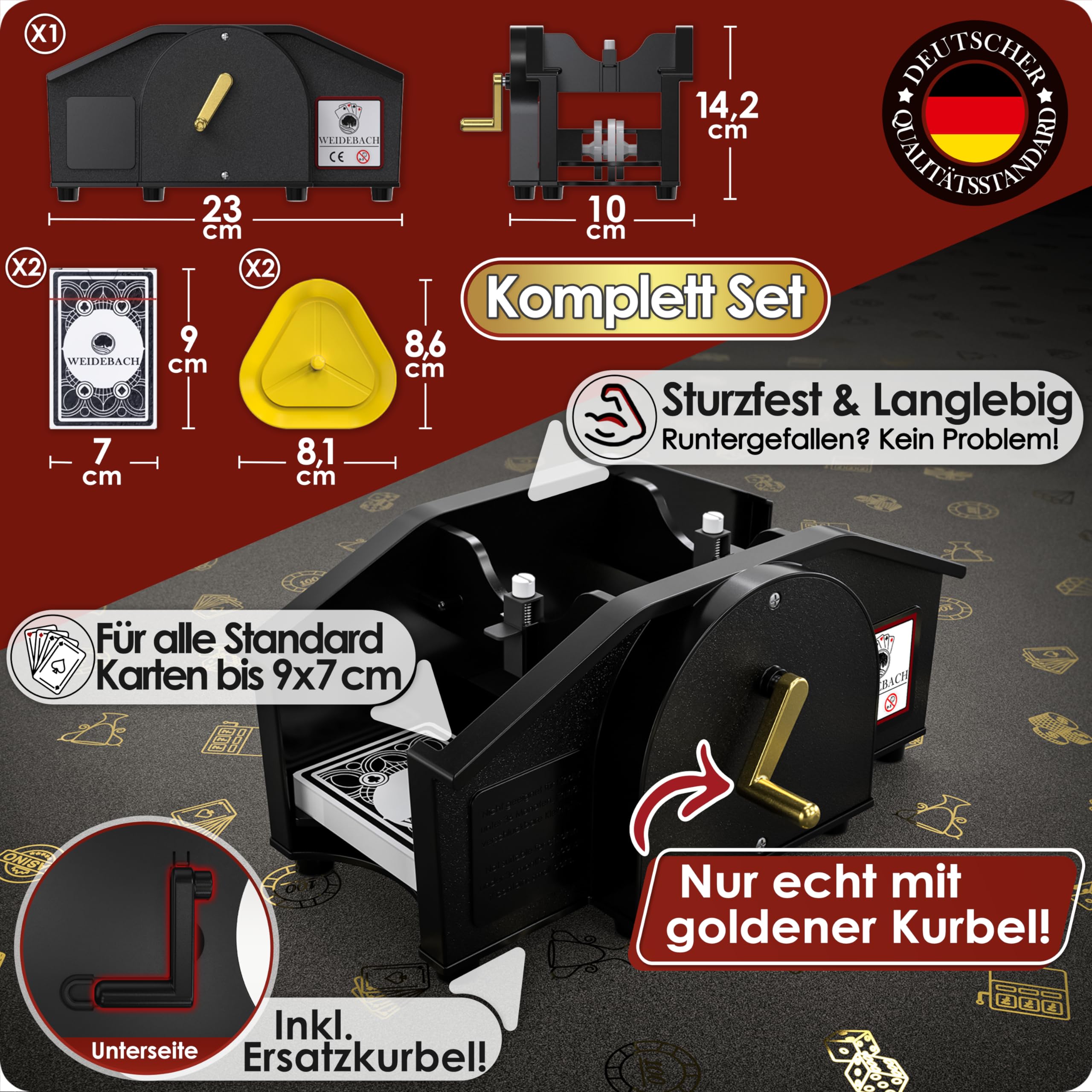 Weidebach® Schwarze Kartenmischmaschine mit Goldener Kurbel für alle Standard Kartenspiele, Kartenmischer mit 2X Kartenspielen & Ersatzkurbel, Karten Mischgerät mit Buch für lustige Spieleabende