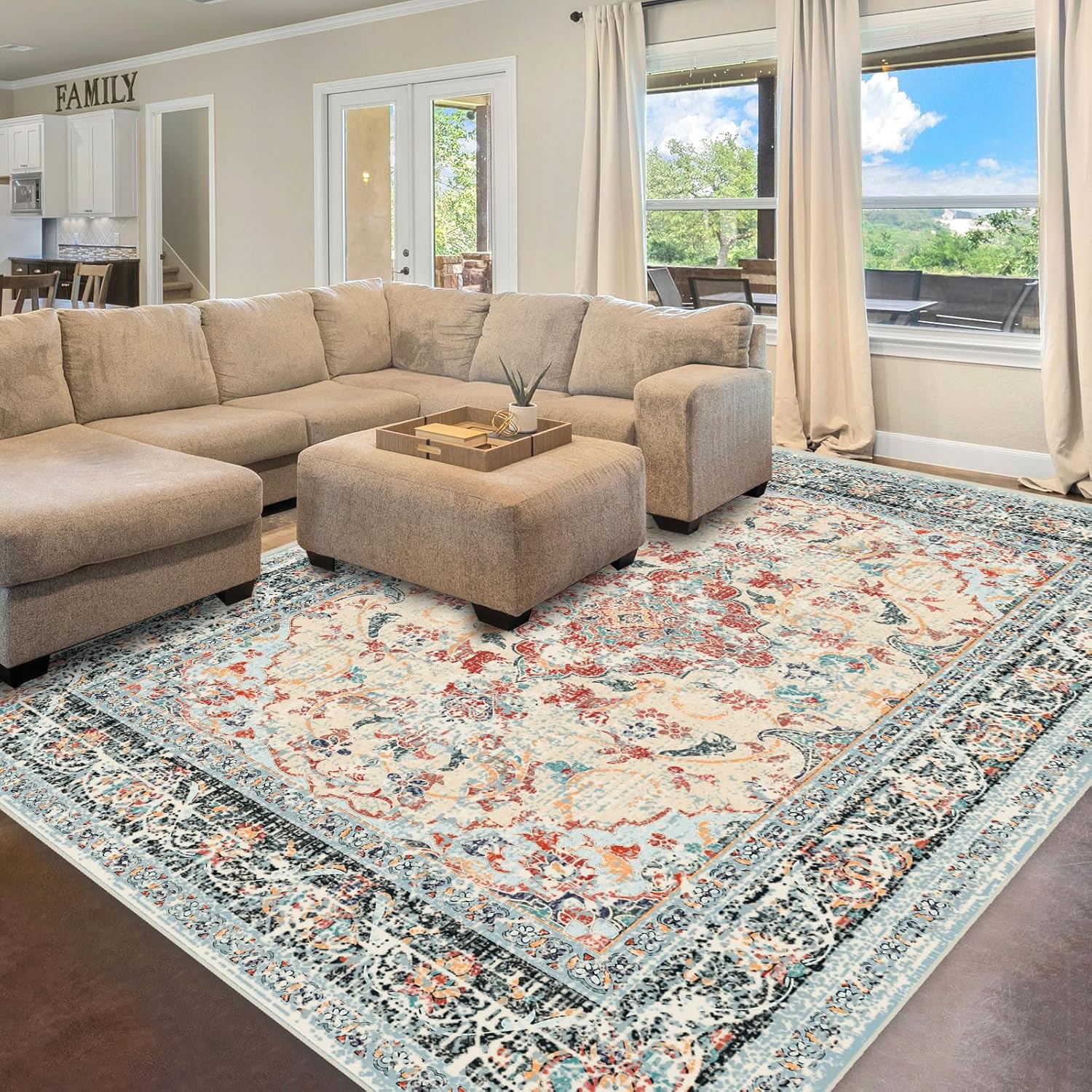 boho vintage washable area rugs 5×7 traditional blue beige orange large carpet for living room bedroom dining room farmhouse non-slip multi color 5'×7'