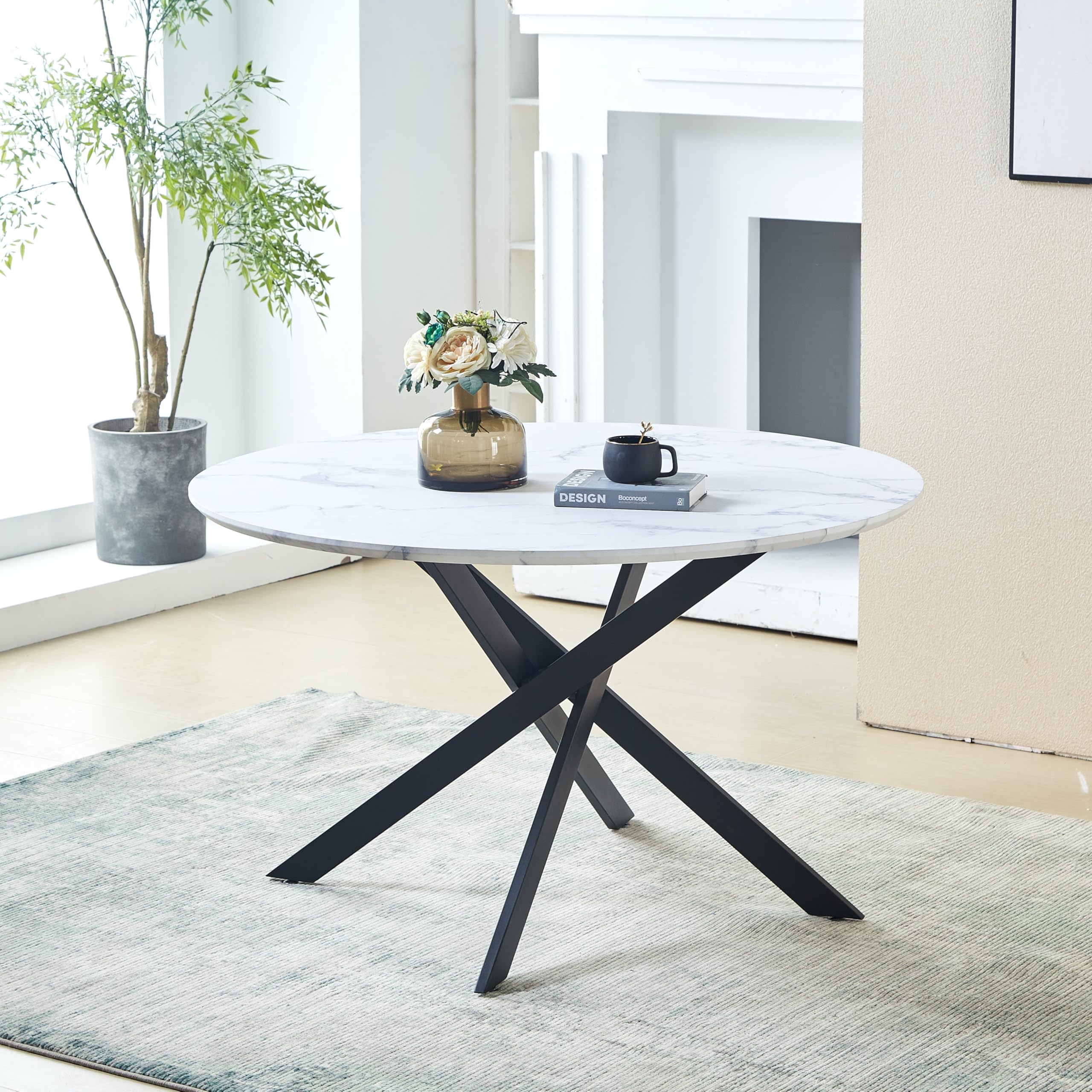 HomeTouch Modern Round Dining Table 80cm 2-4 Seaters White Marble Effect Kitchen Table with Black Metal legs Space-Saving Table for Dining Room, Living Room Home Office (80, Centimeters)