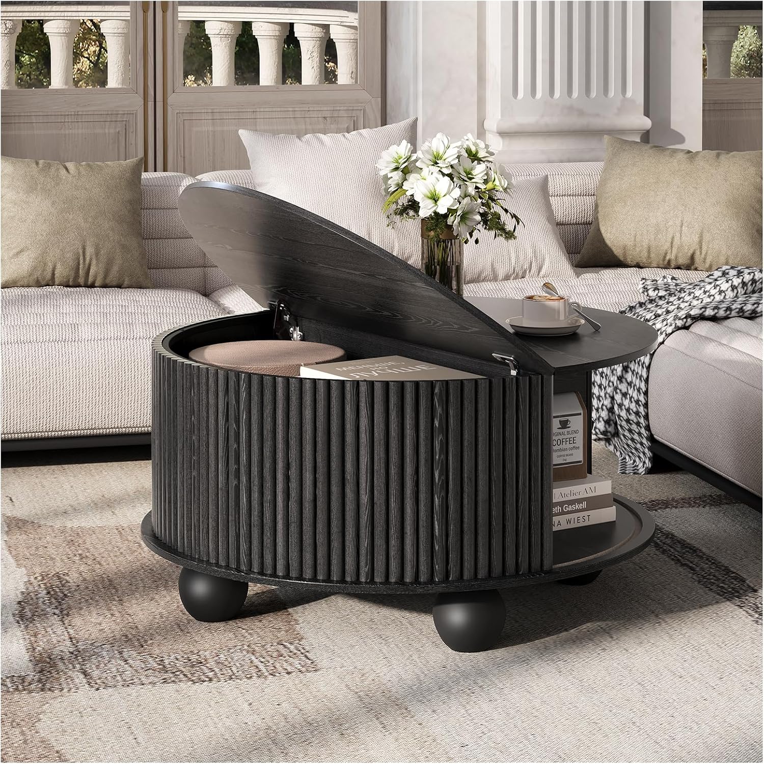 JOINICE Black Round Coffee Table with Storage, 31.5" Fluted Drum Center Table with Sliding Door, Modern Farmhouse Wood Circle Table with Bun Feet for Living Room