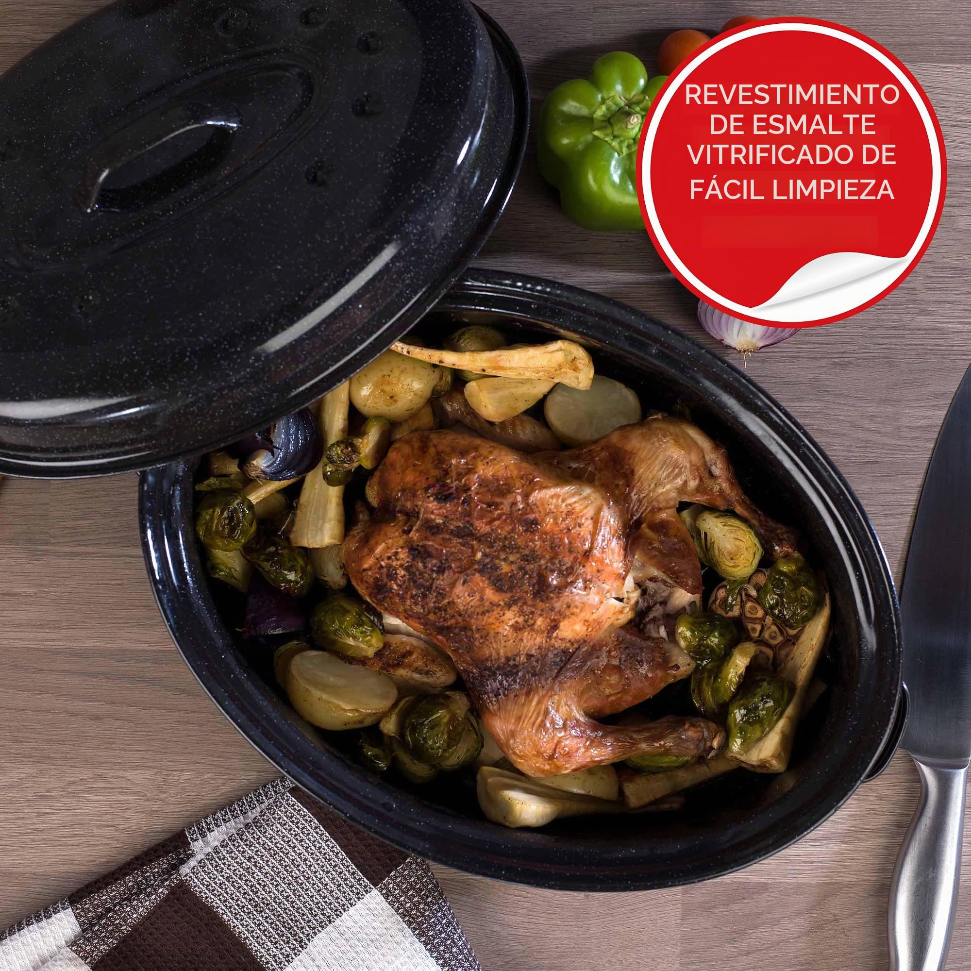 Russell Hobbs CW11491 Fuente Oval Para Horno De 36 cm, Con Tapa, Molde Con Revestimiento De Esmalte Vítreo, Ideal Para Asar Y Sartén Alimentos, Apto Para Lavavajillas, Negro