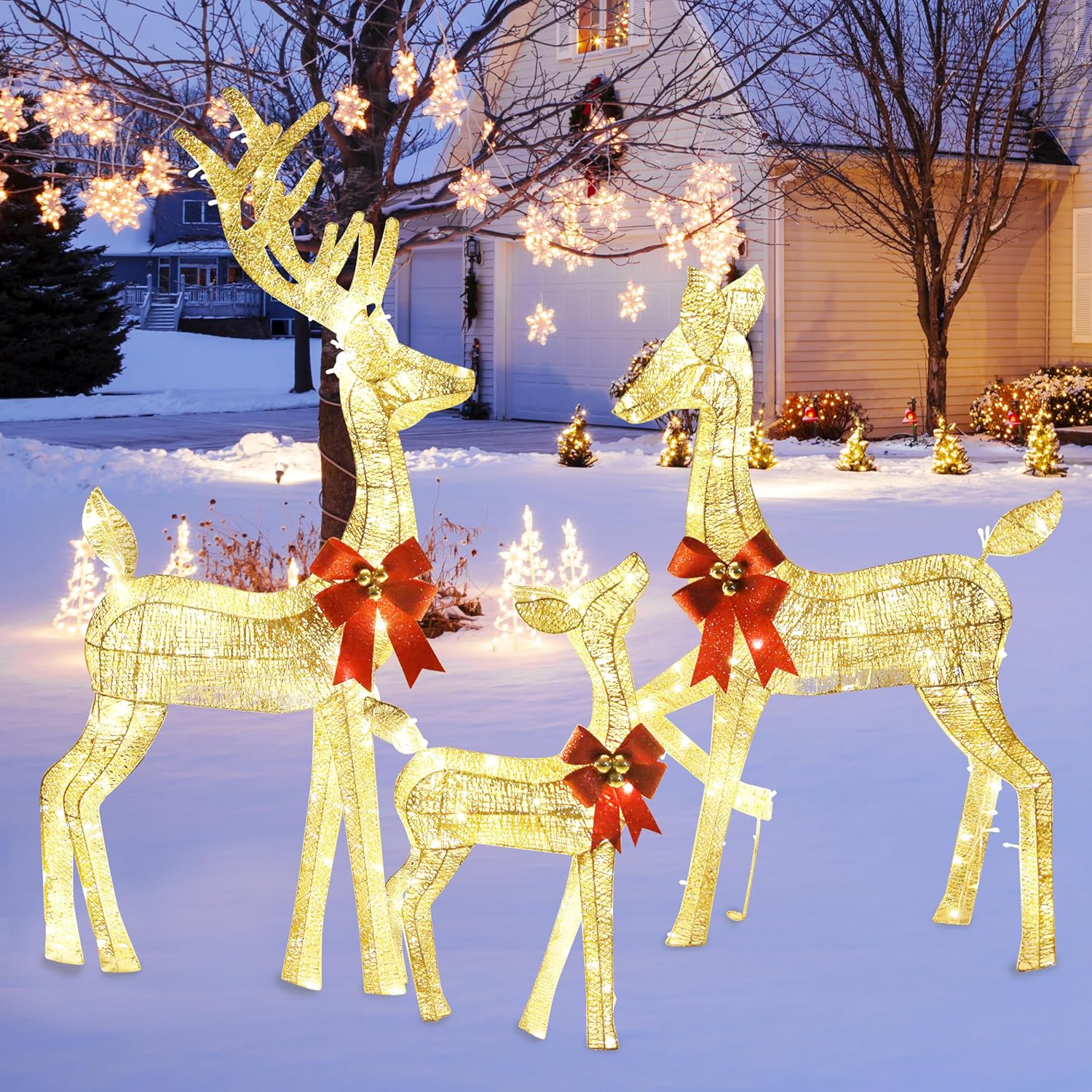 3-Piece Outdoor Lighted Christmas Reindeer Family Set, 3D Plug in 320 Count Warm Lighted Deer Christmas Decoration, Holiday Decor for Yard Patio Lawn Garden Party