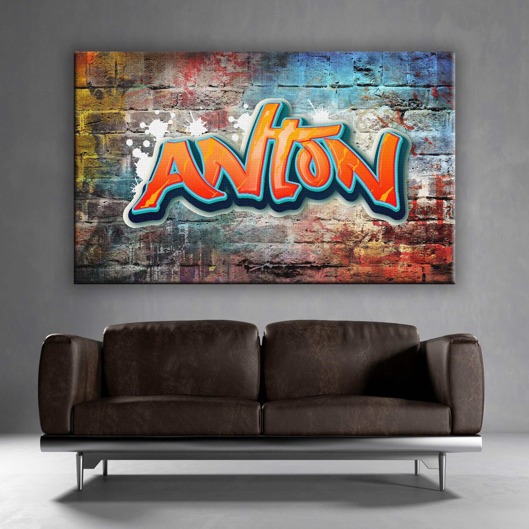 timalo® Kinderzimmer Leinwandbilder personalisiert mit Namen | Bild auf Leinwand Kinder Bilder für die Wand Wandbild xxl Bild fürs Teenager Jungenzimmer | 80 x 50 cm Graffiti Jungen Mauer