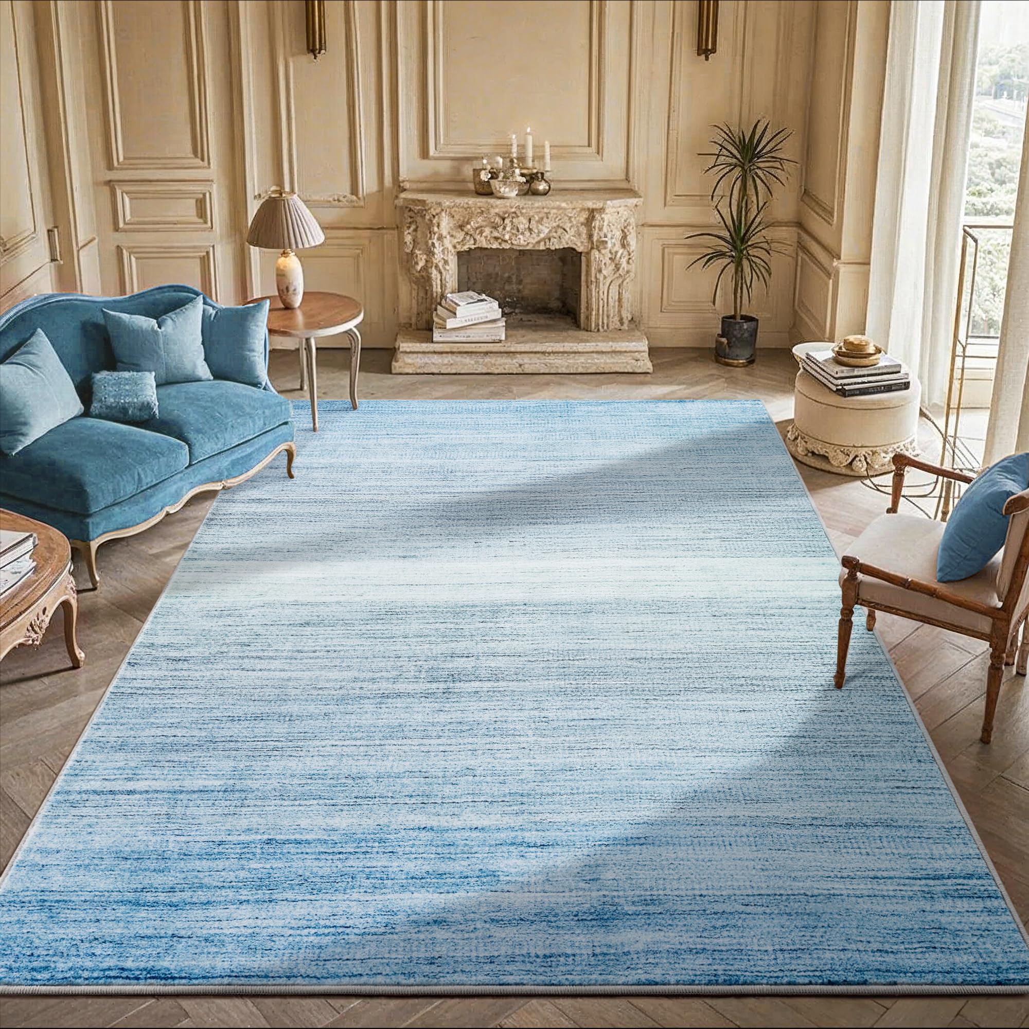 carvapet 5x7 blue rugs for living room bedroom dorm, 7 x 5 feet washable low pile ombre carpet with rubber backing, foldable, non slip thin area rug