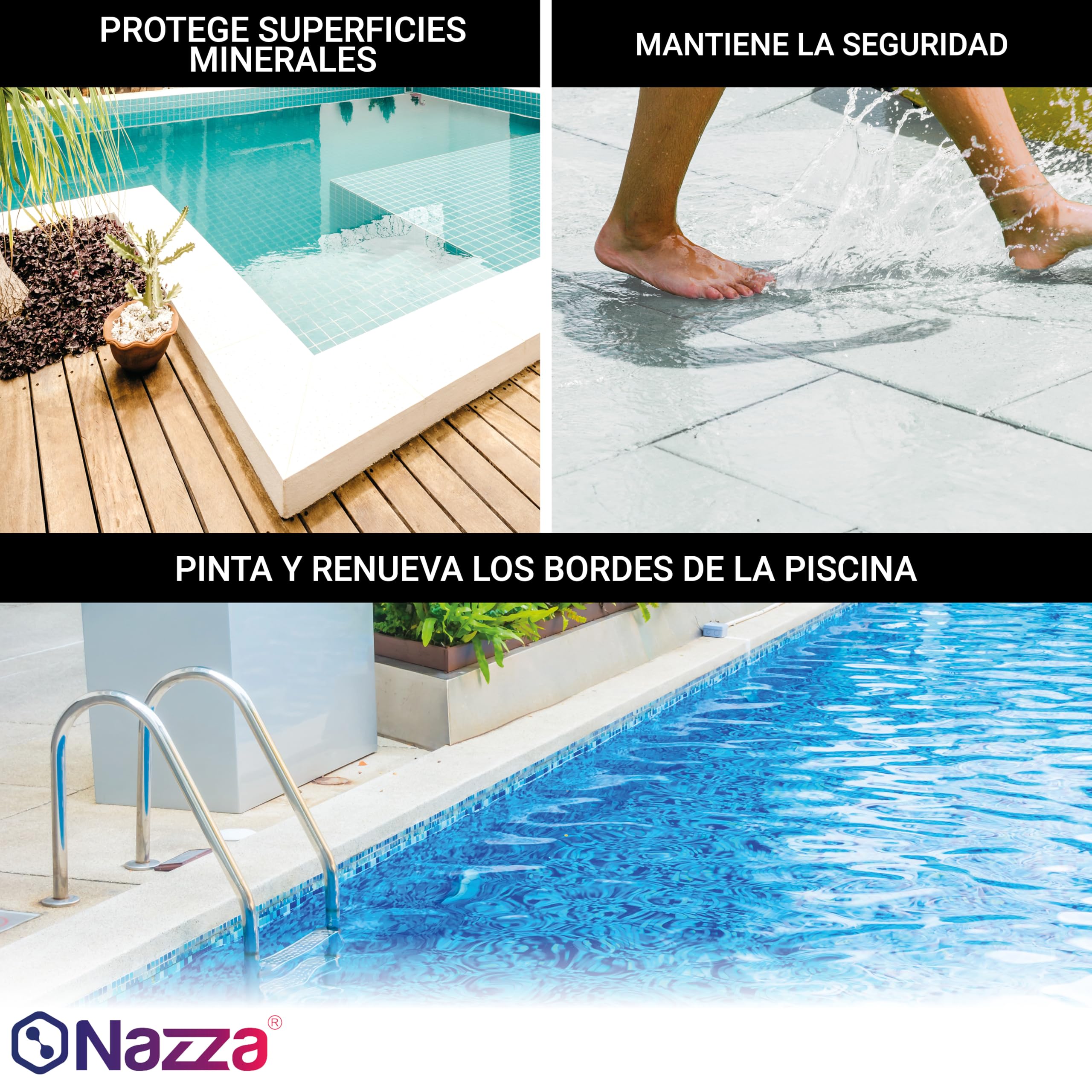 Nazza Renovador de Bordes de Piscina - Respetuosa con el medio ambiente - Pintura para Bordes de Piscina al Agua - Blanco 4L - Mantiene la capacidad antideslizante del soporte