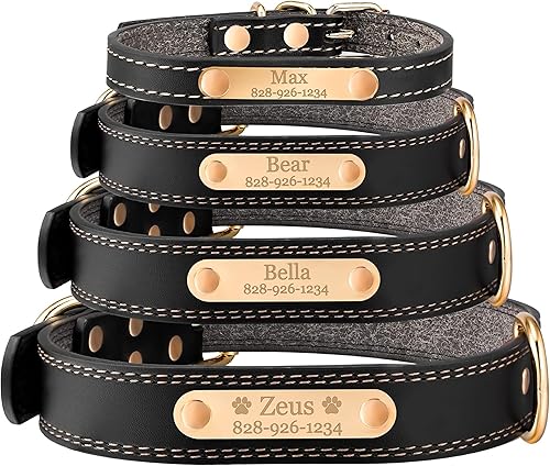 Collar de perro personalizado Cuero vegano negro suave grabado Tamaño pequeño, mediano o grande con placa de nombre (mediano)