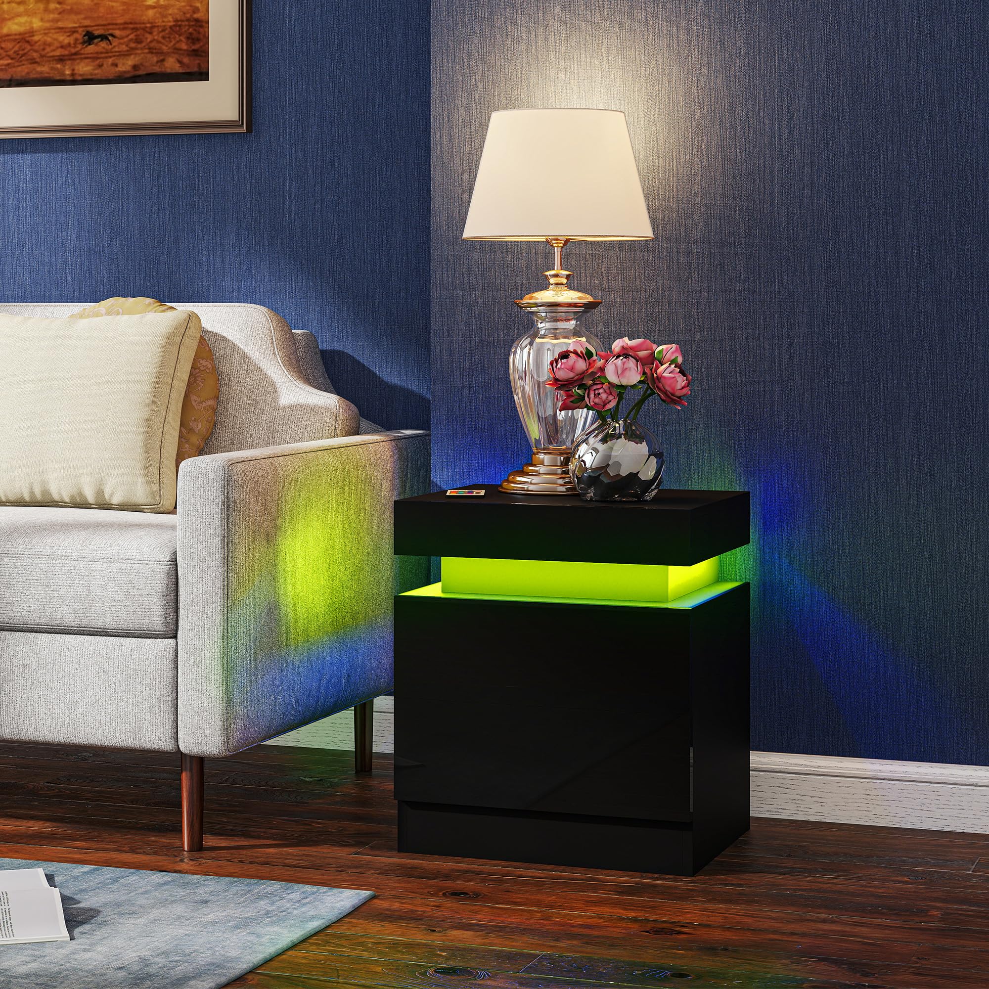 HOMCOM Set di 2 Comodini Camera da Letto con LED 45x35x52 cm Nero Lucido | 16 Colori, 4 Modalità, Coppia di Comodino Salvaspazio, 2 Cassetti, Tavolini per Camera da Letto
