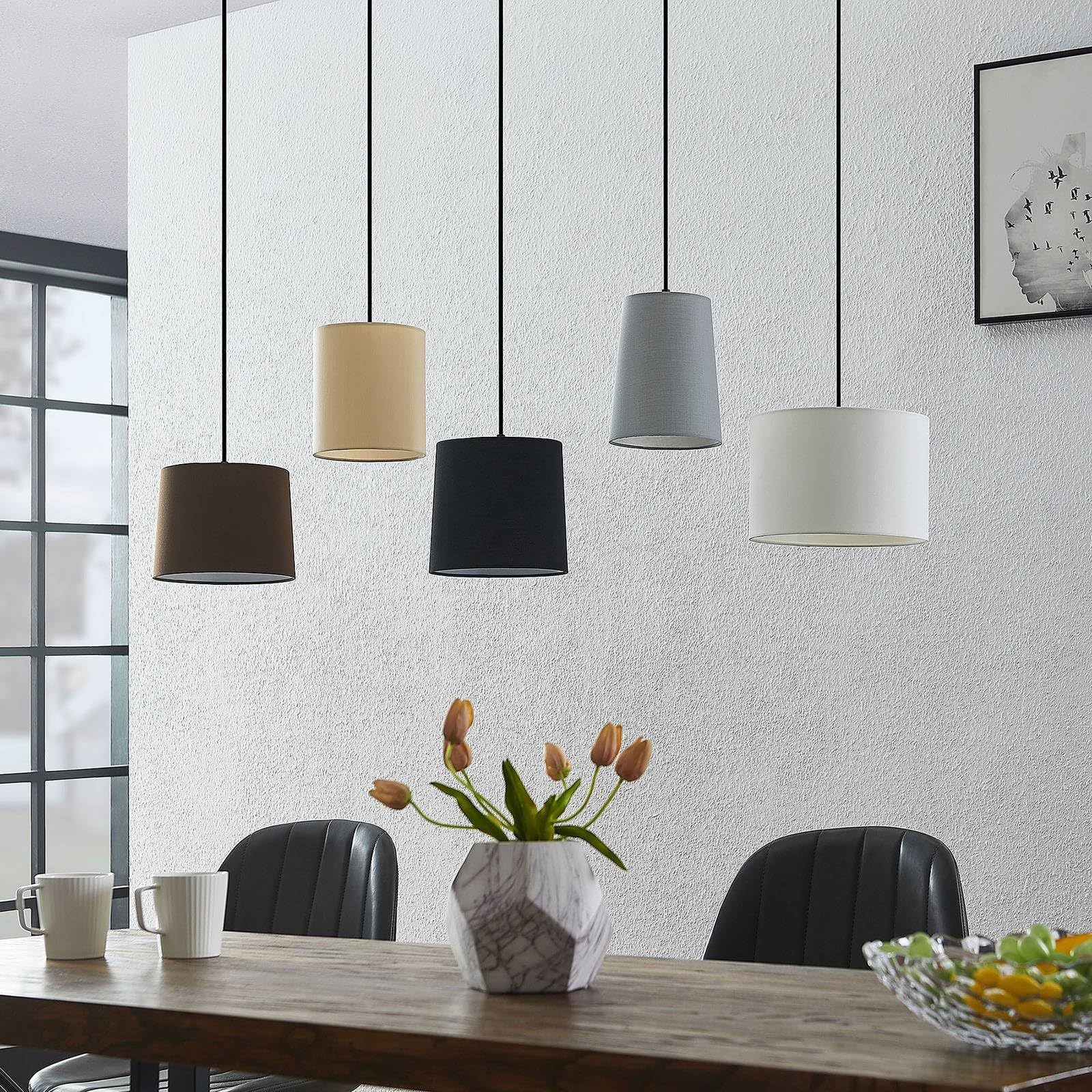 Lindby Esstisch Pendelleuchte Holz, Textil Balkenpendelleuchte Holzast und Stoff Lampenschirm Hängelampe Lampe Wohnzimmer 5x E27 ohne Leuchtmittel