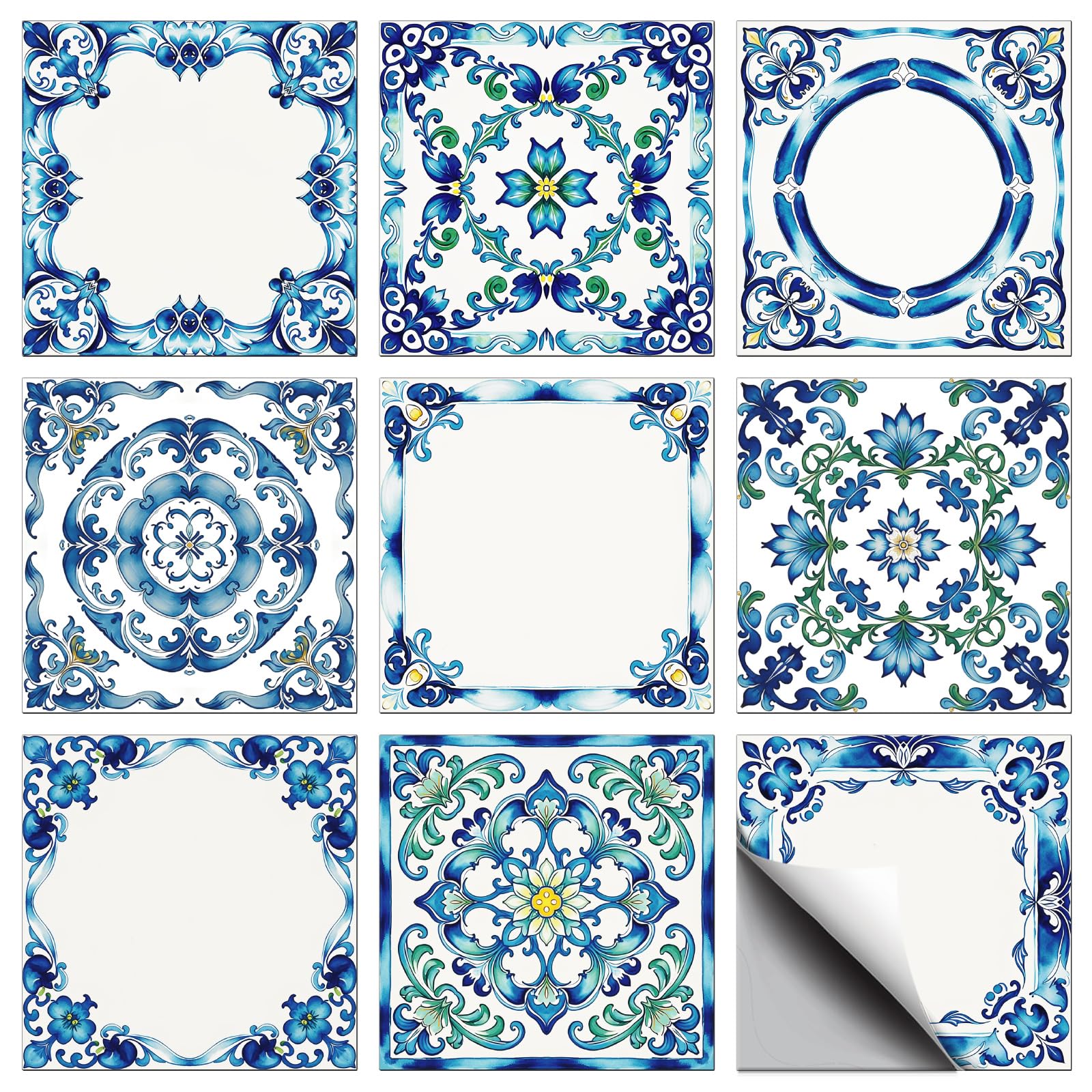 CONCHLERY 36 Pcs 9 Styles Watercolour Retro Pattern Peel and Stick Tile Stickers Waterproof Self Adhesive Decals, for Kitchen Bathroom Home Wall Art Decor 4x4 Inch — image 1