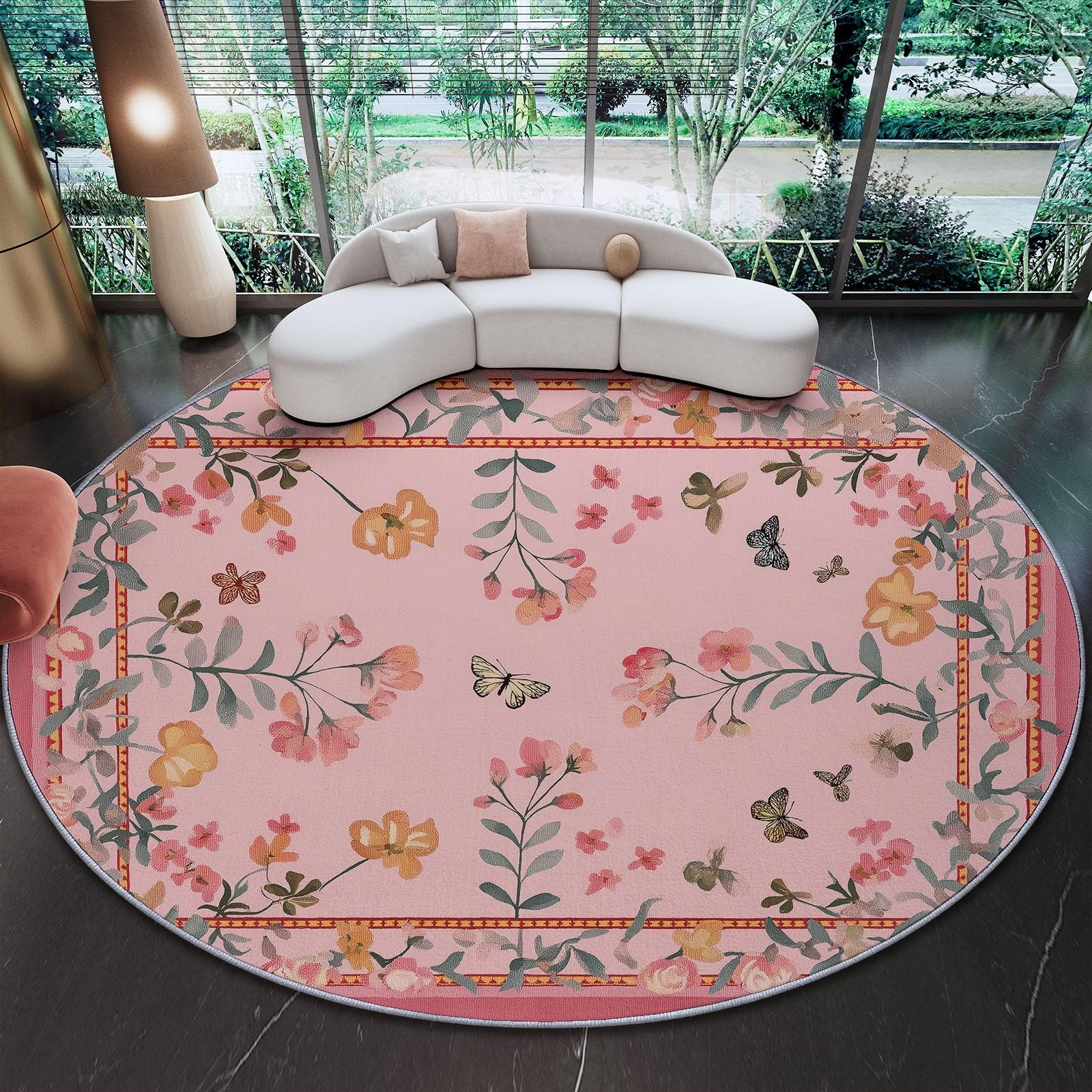 Teppich Rund 120 cm Aquarell Schmetterling Blumen Landschaft Weich Teppich Gegend Kreis rutschfest Waschbar Bedruckt Bodenteppich Wohnzimmer Schlafzimmer Esszimmer, Rosa
