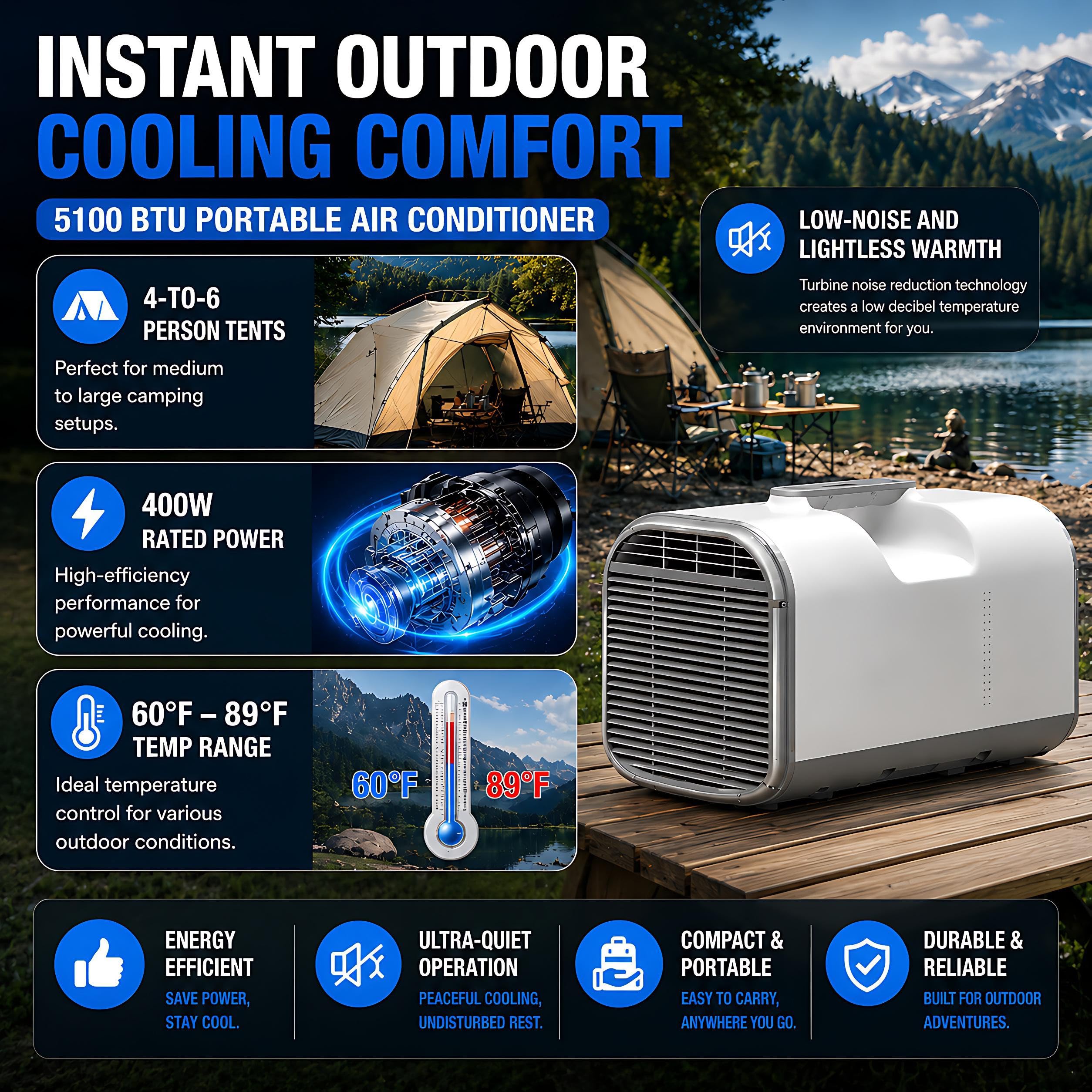 Klimatyzator do kampera, przenośny klimatyzator kempingowy AC 5100 BTU 110/220 V 400 W niskie zużycie energii 4 w 1, ciche automatyczne odparowywanie, timer 12 h, pilot zdalnego sterowania