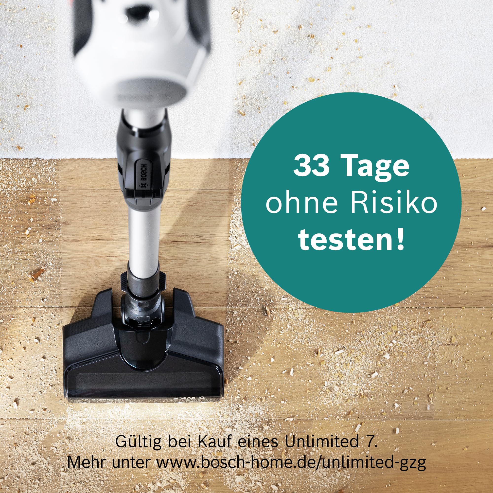 Bosch Akku-Staubsauger Unlimited 7 BSS711W, kabelloser Handstaubsauger, beutellos, Wechselakku, Knickrohr, Hygiene-Filter, 10 Jahre Motorgarantie, XXL-Polsterdüse, LED-Beleuchtung, Turbostufe, weiß