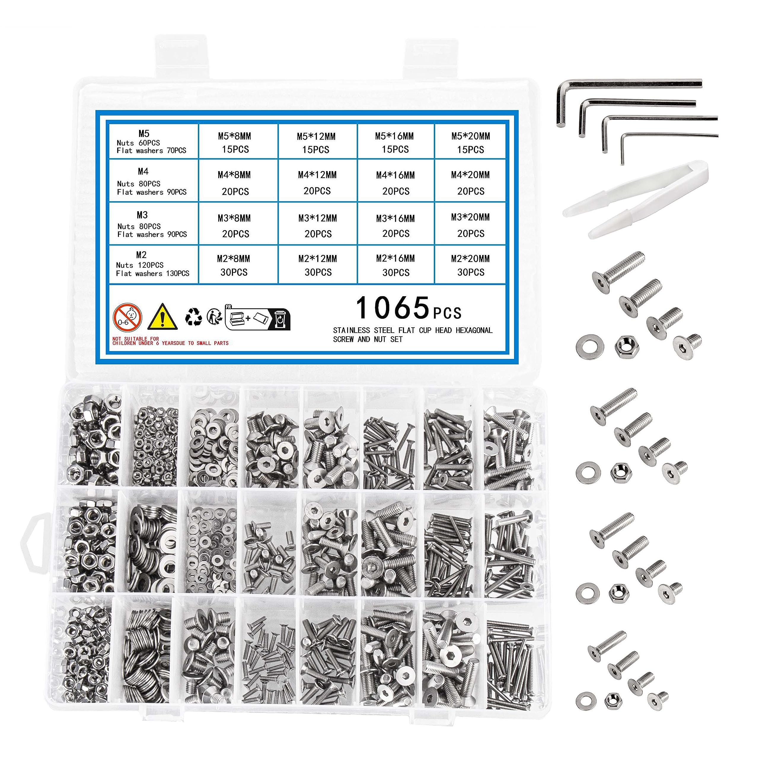 1065 Pcs M2 M3 M4 M5 Countersunk Hex Socket Cap Head Machine Screws Bolts and Nuts and Washers Set, Stainless Steel Flat Head Hexagonal Socket Head Screws Nuts and Bolts Assortment Kit(1065)