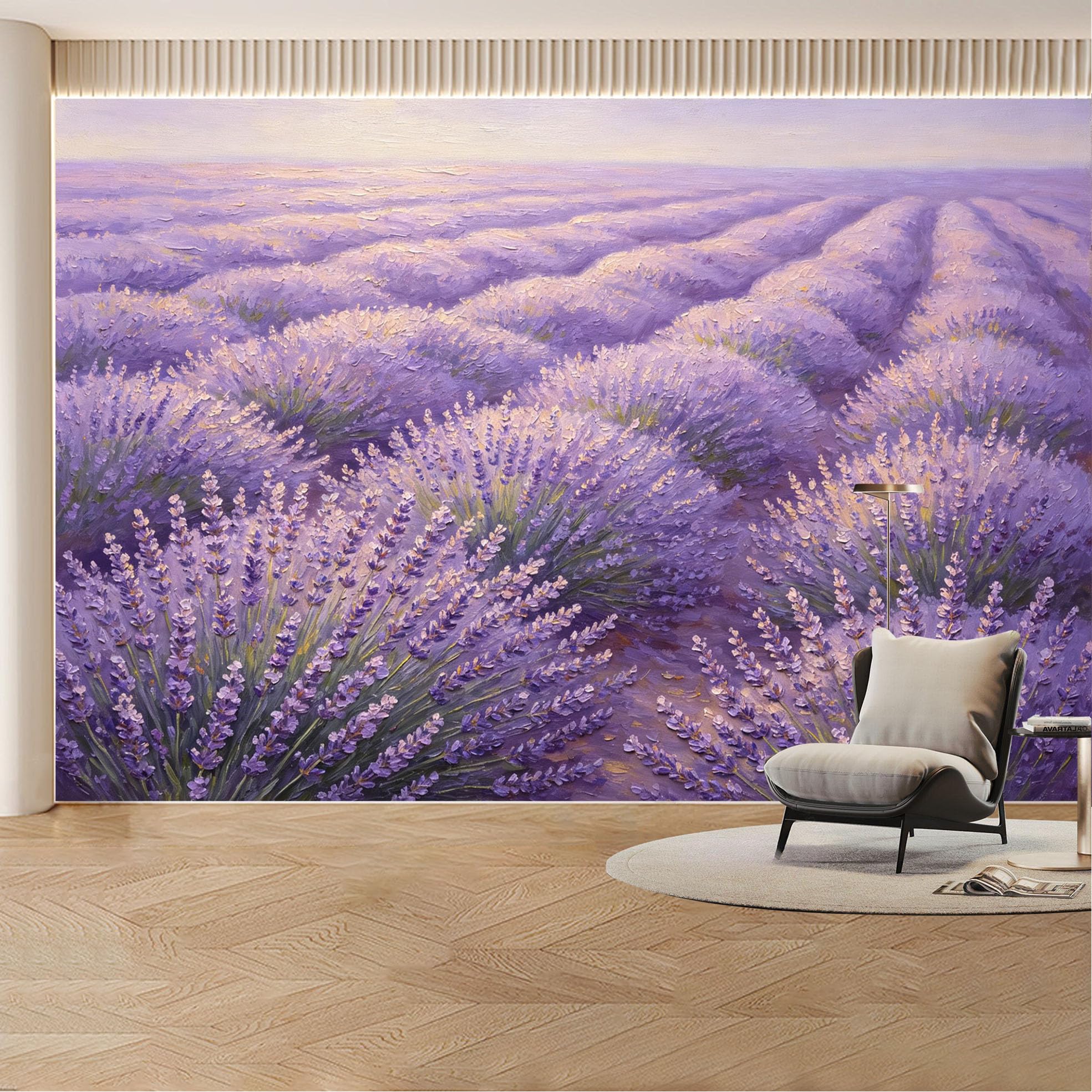 Custom Wall Mural Wallpaper Purple Flower Field， Nature Landscape Wall Decor， Impressionist Sunset for Living Room， Bedroom， Office