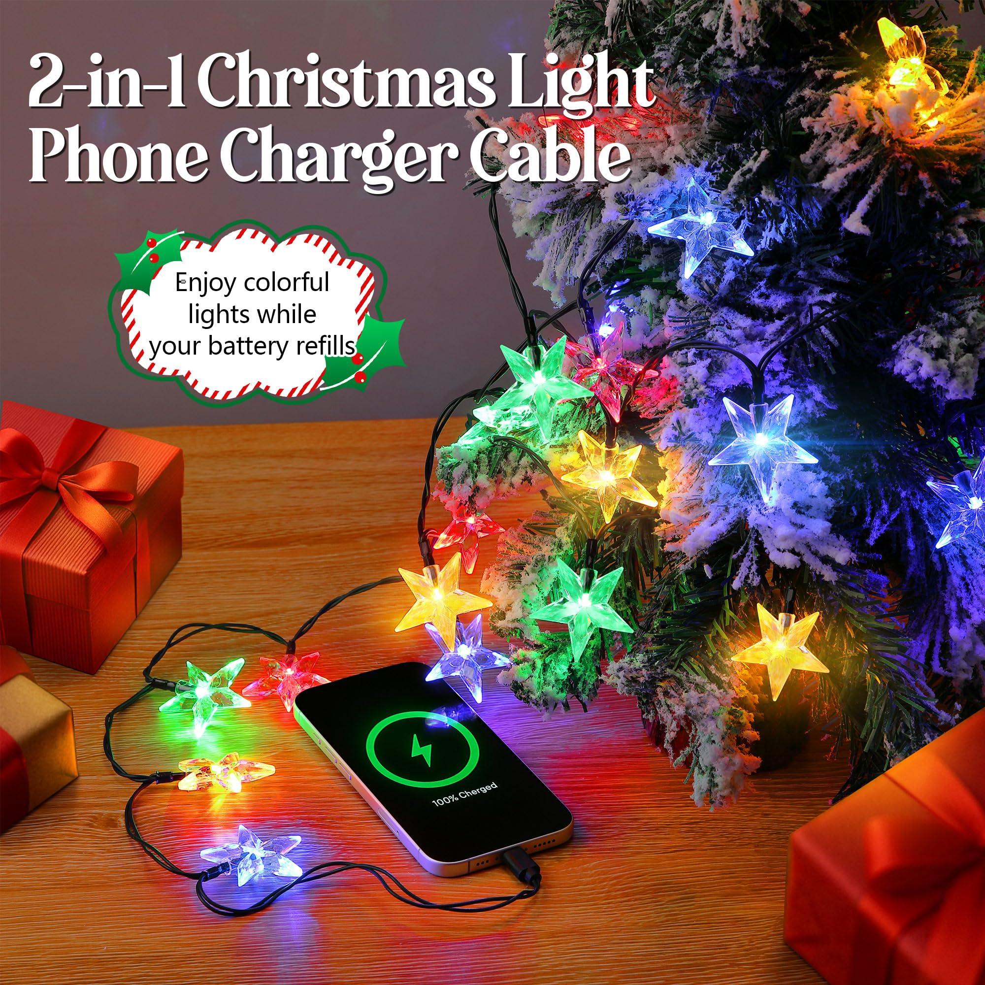 1 x USB-Typ-C-Licht-Handy-Ladekabel, mehrfarbig, 12 LEDs, 127,7 cm, Licht-Handy-Ladekabel, kompatibel mit iPhone 15 Pro Max/15 Plus/S23 Ultra/S22 (Kristallstern-Typ C)