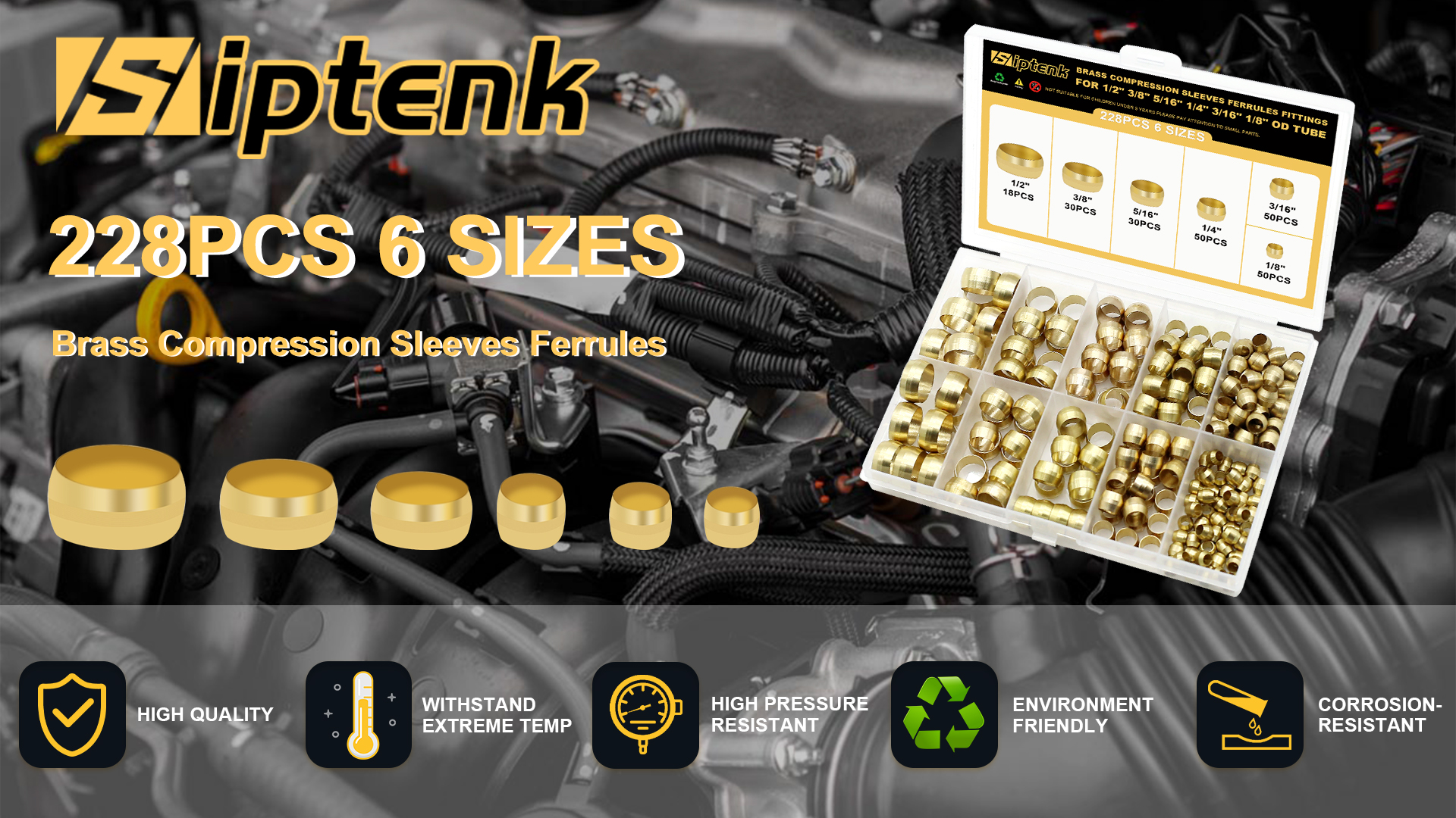 Image of Siptenk 228PCS Brass Compression Sleeves Ferrules Kit Lines for Air, Water | 6 Sizes 1 /2 inch 3 /8 inch 5 /16 inch 1 /4 inch 3 /16 inch 1 /8 inch Hose Compression Fitting Brass Ferrule lines for Fuel, Oil and Inert Gases