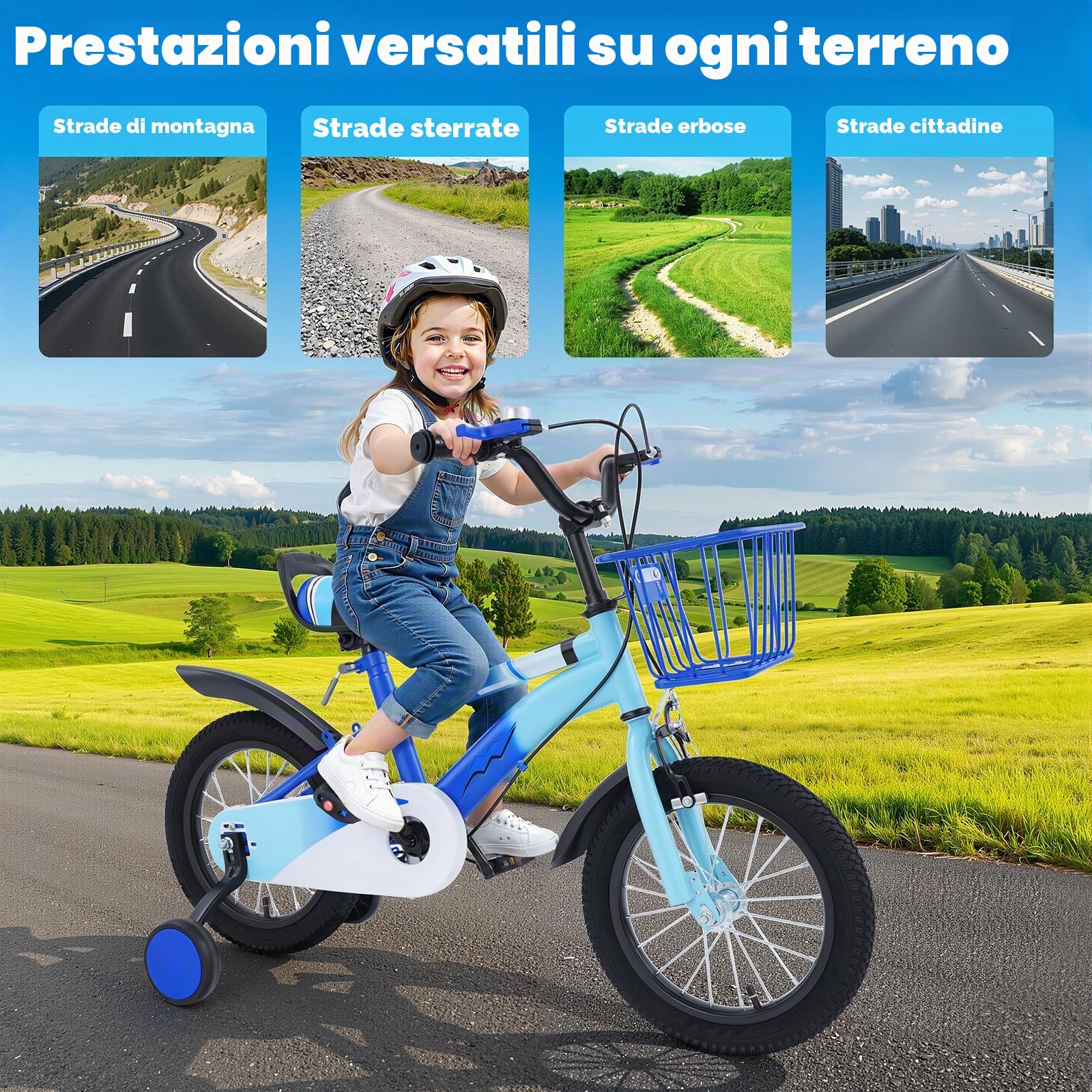 Bicicletta per bambini da 14 pollici, con ruote di supporto e cestino, regolazione dell'altezza, in acciaio al carbonio, per bambini dai 3, 4, 5, 6 anni, blu/viola/beige