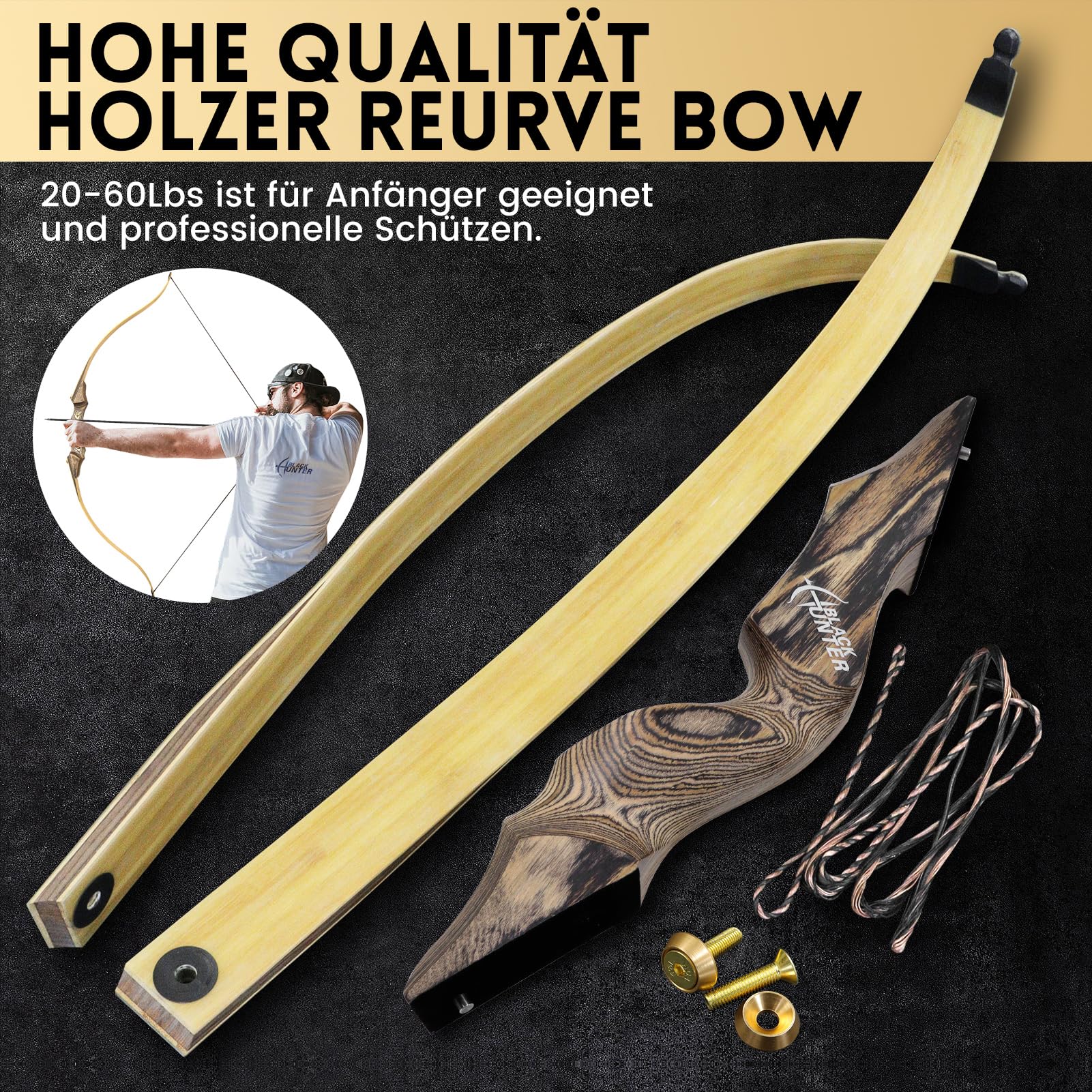 Black Hunter Bogen 60inch Bogenschießen Takedown Recurvebogen 20-60 Lbs Rechte Hand Jagdbogen Mit Stringer Tool Holz Riser Bogen Set Für Erwachsene Schießübungen