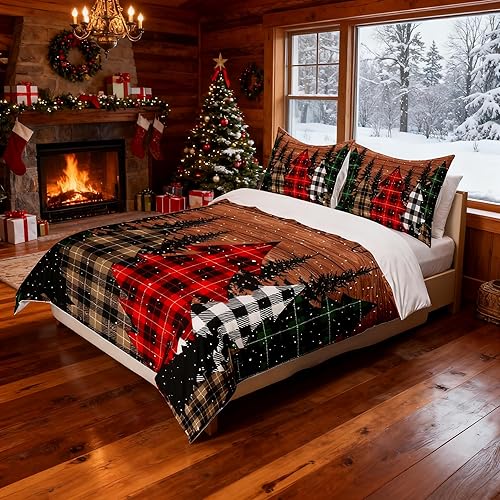 Juego de funda de edredón de Navidad para niños, tamaño King, juego de ropa de cama de copos de nieve de pino con cuadrícula geométrica, decoración
