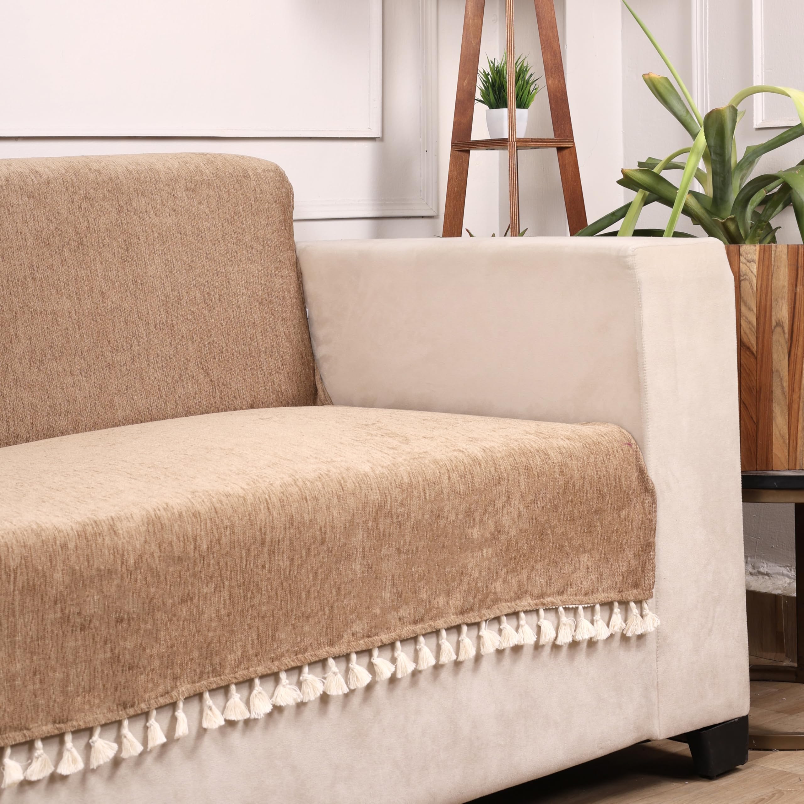 STITCHNEST Beige Chenille Sofa Cover 48x60 Inch – Soft, Durable & Textured Fabric with Tassels | Full Coverage Sofa for Living Room, Bedroom, or Drawing Room-image-26
