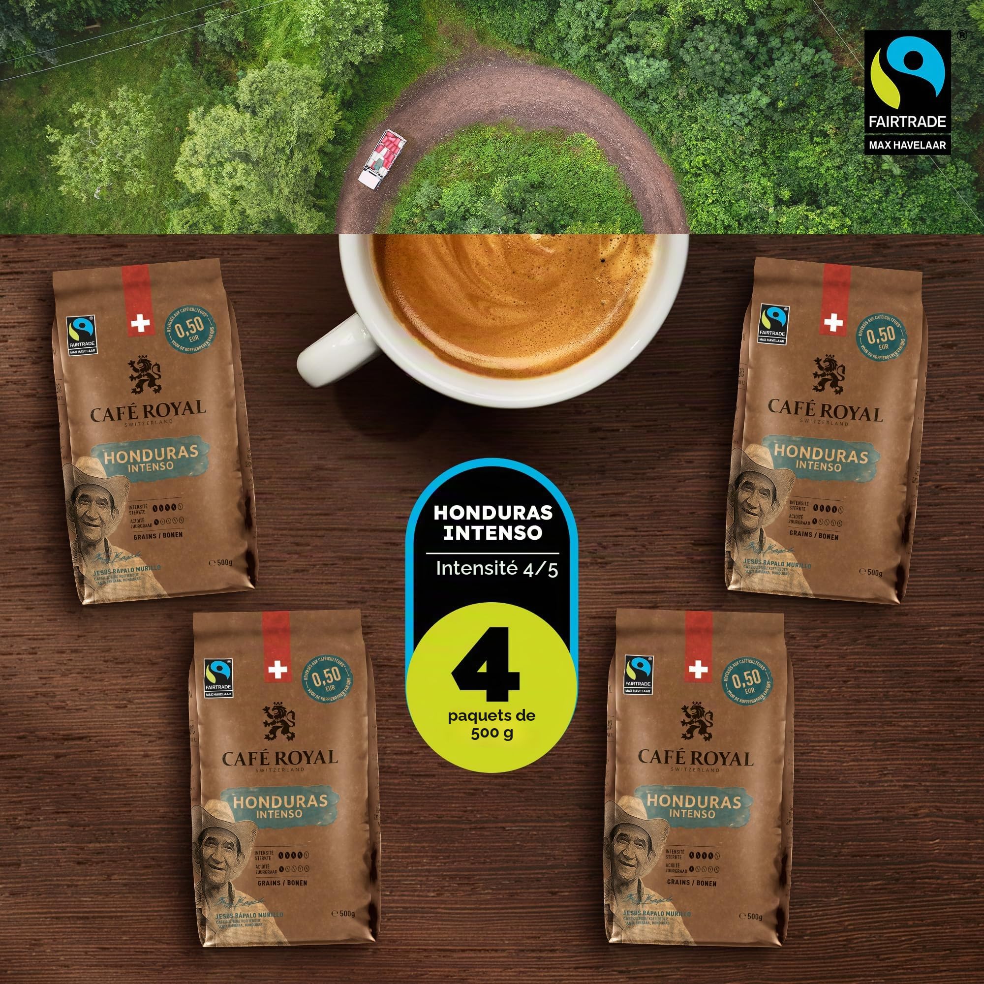 4 x 500 GR - Café Royal Honduras Intenso - Café Torréfié en Grains - Format Pratique - Sachets de 0,5 KG - Intensité 4/5 - Grains 100% Arabica Durables du Honduras - Certifiés Fairtrade