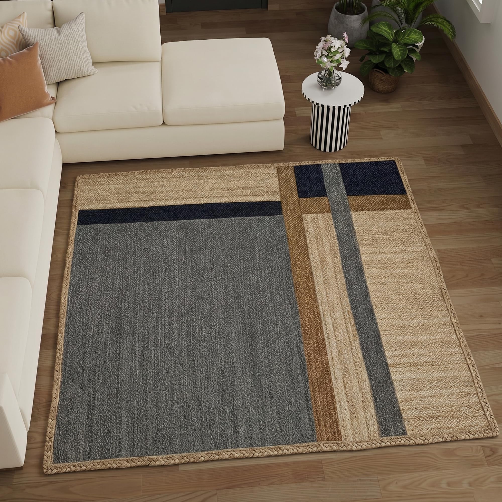 Tapis en jute bleue et beige géométrique idéal pour décorer le sol d'une chambre à coucher