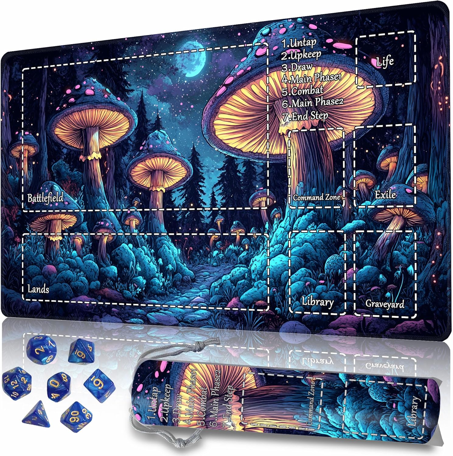Playmat MTG TCG DND with Storage Bag & 7 Dice Premium Edge-Locking Design Play Mat with Zones for Magic Playmat Gaming Mat (Autumn Village, 24x14 inch with Zone)