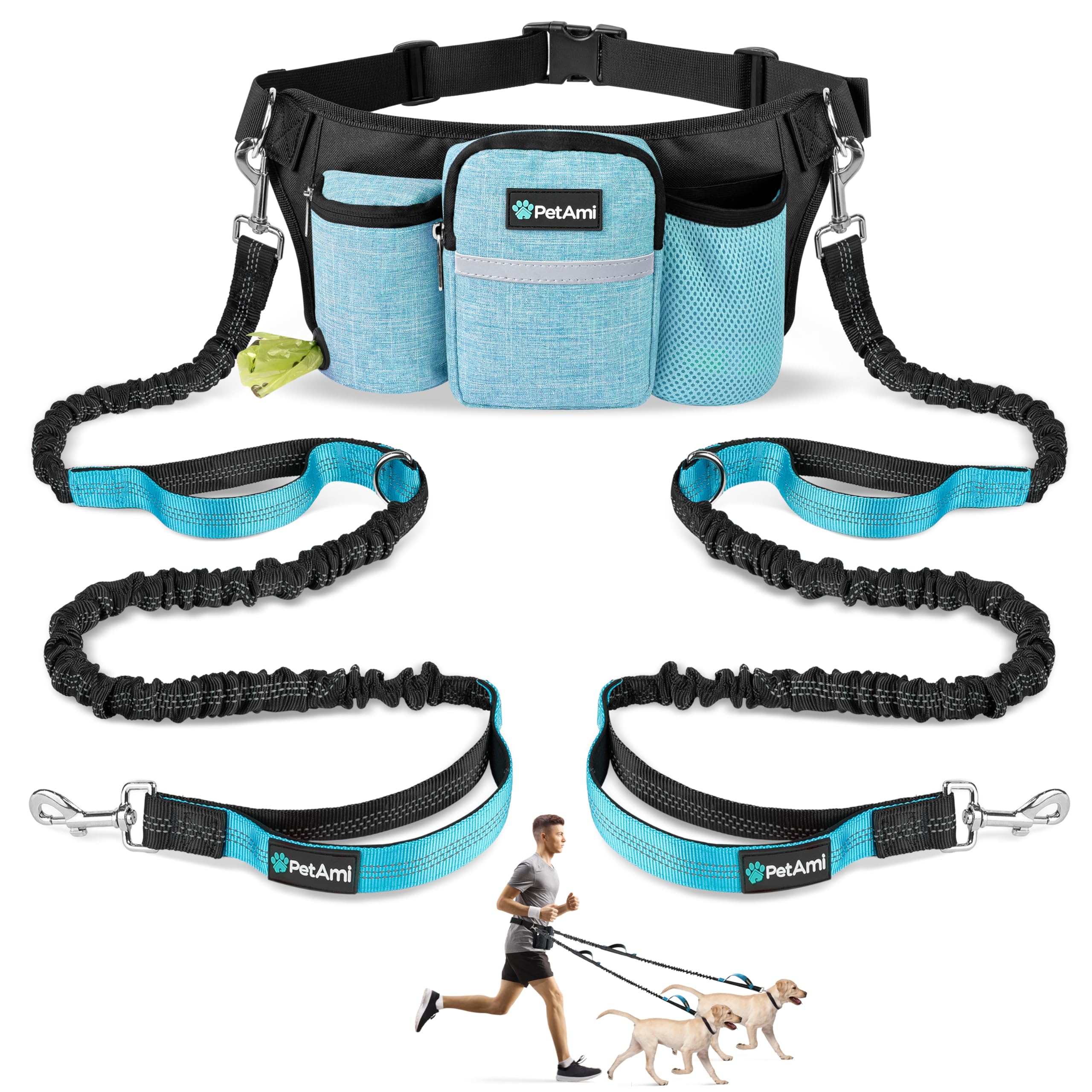 PetAmi Premium Hands Free Dog Leash for 2 Dogs, Adjustable Waist Belt for Dog Walking, Fanny Pack Accessories Bag Dual Bungee for Running, Hiking, Jogging, Biking, Turquoise Blue