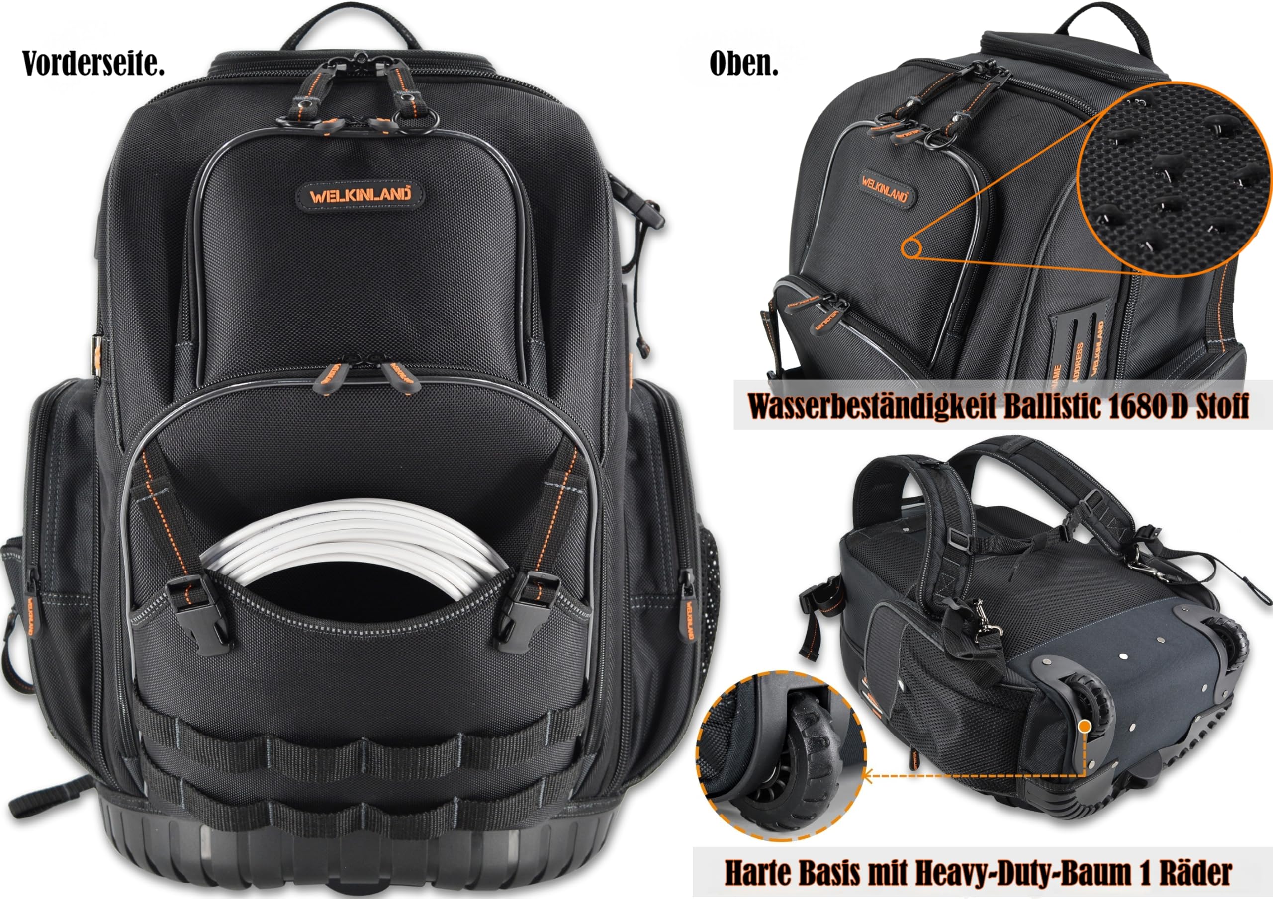WELKINLAND 72 Taschen Roll-Werkzeug-Rucksack, große Werkzeugtasche mit Rollen, elektrische Tasche mit Rollen für Herren