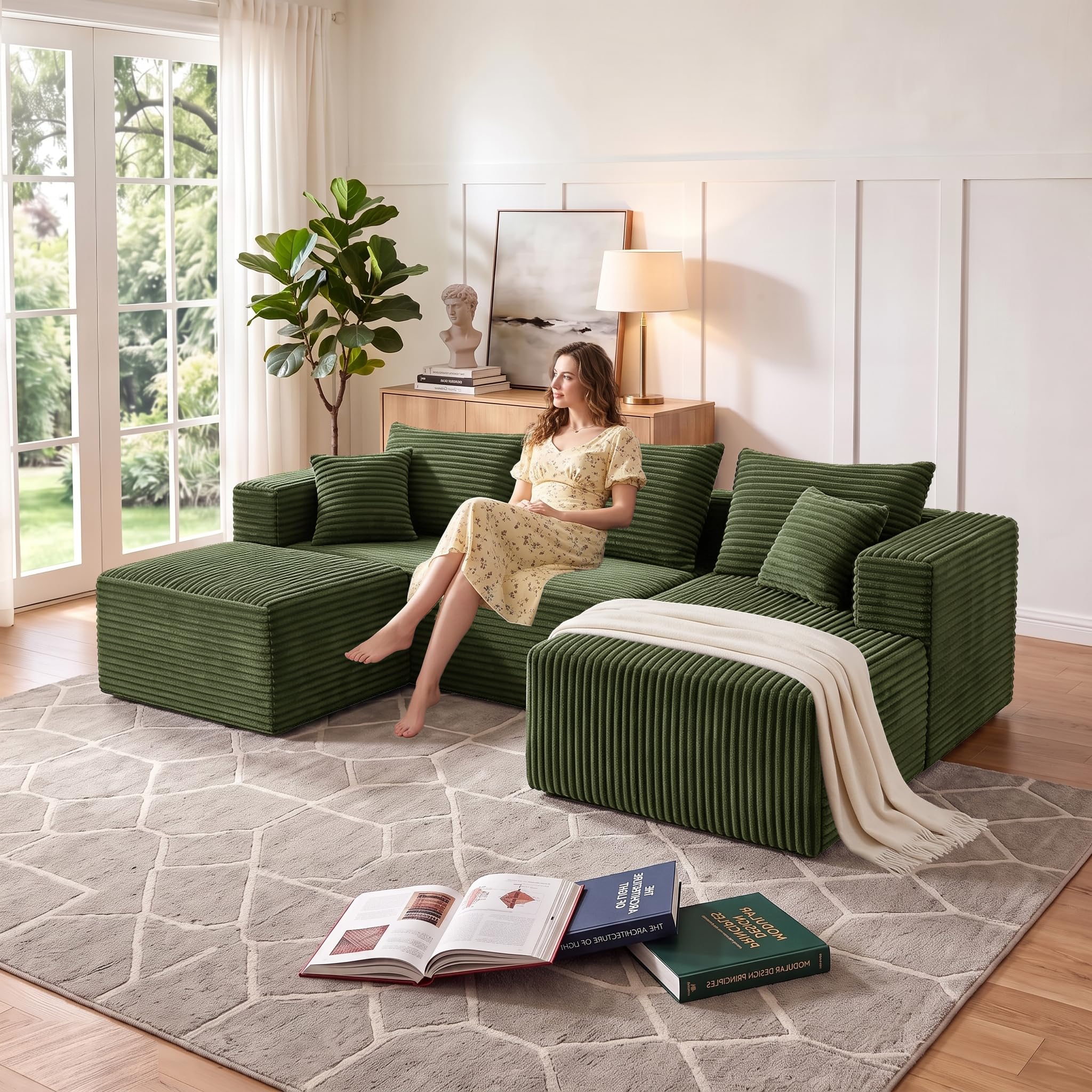 93" U-Shaped Boneless Couch, Corduroy Cloud Couch Sectional with Chaise and Ottoman, Deep Seat Modular Sectional Sofas for Living Room, No Assembly - Olive Green (Right Facing Chaise)